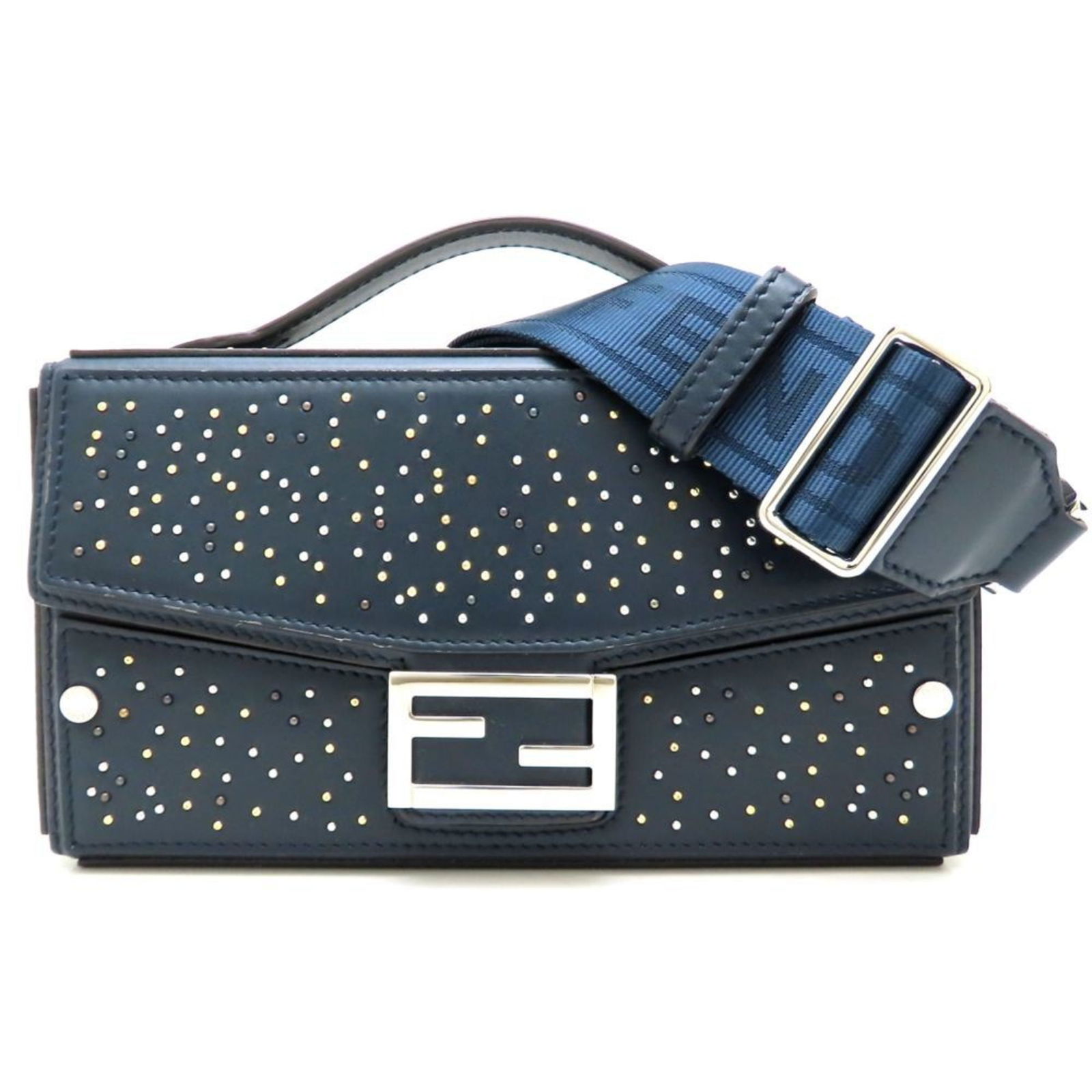 Fendi Navy Leather Women's Shoulder Bag from Italy: Fendi Navy Leather Women's Shoulder Bag from Italy This Fendi accessory is crafted from navy leather and is designed for women. It features a compact structure with dimensions of 11.5cm x 21.5cm x 6.5