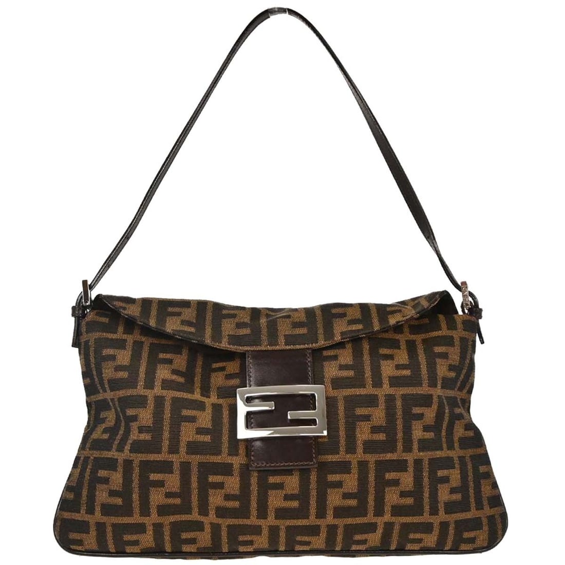 Medium Zucca Top Handle Canvas Bag in Brown by Fendi: Medium Zucca Top Handle Canvas Bag in Brown by Fendi This Fendi Zucca handbag features a brown canvas exterior with the brand's iconic logo pattern. Designed in a medium size, it offers a top handle a
