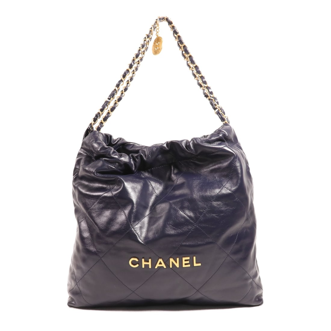 Chanel 22 Medium Navy Calfskin Chain Shoulder Bag with CC Logo Gold Hardware (1 of 14)