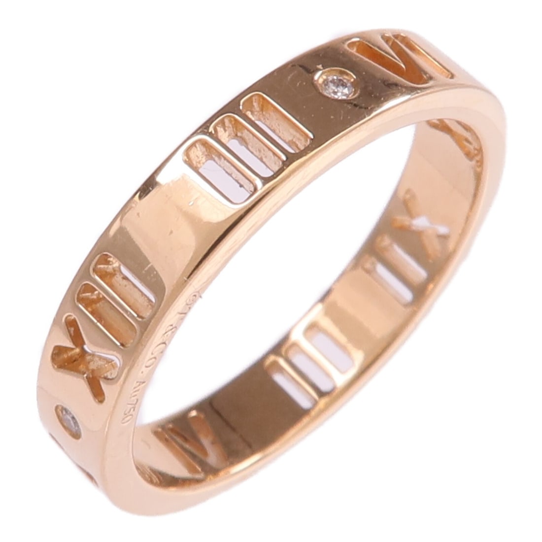 Atlas Ring in 18K Rose Gold with Diamond by Tiffany and Co Size 5.25: Atlas Ring in 18K Rose Gold with Diamond by Tiffany and Co Size 5.25 This Tiffany & Co. Atlas ring features sparkling diamonds set in 18K pink (rose) gold. The ring is a US size 5.25 and showcases the