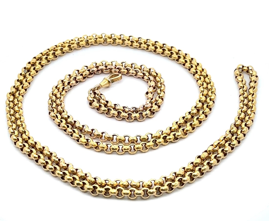 Antique 9ct Yellow Gold 59 Inch Hammered Rolo Link Chain with Dog Clip: Antique 9ct Yellow Gold 59 Inch Hammered Rolo Link Chain with Dog Clip This stunning antique chain features a solid 9ct yellow gold construction, showcasing a unique hammered faceted wrap rolo link de