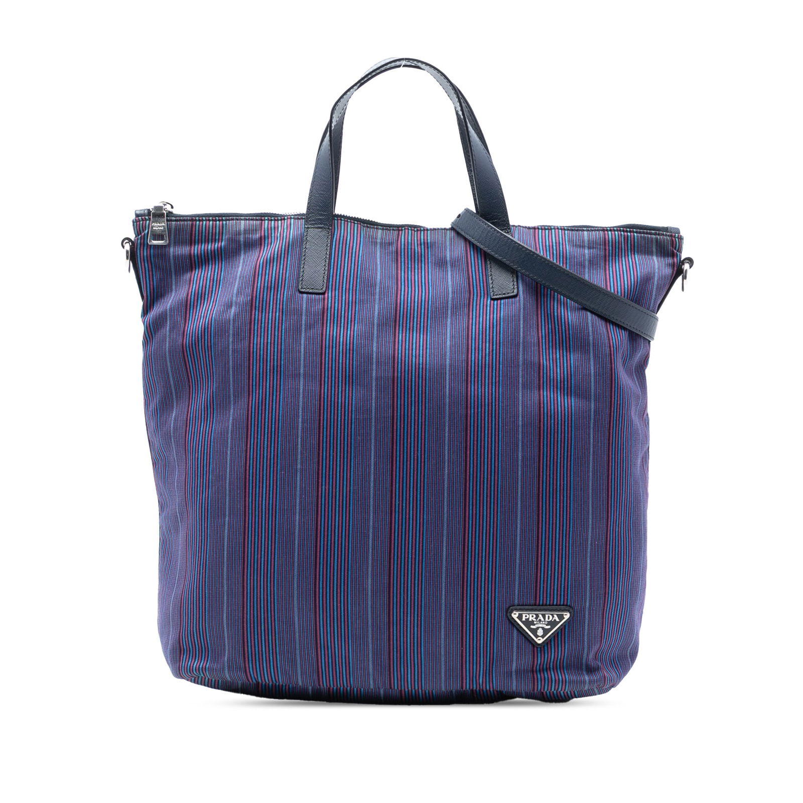 Prada Tessuto Stampato Blue Printed Nylon Satchel with Leather Trim: Prada Tessuto Stampato Blue Printed Nylon Satchel with Leather Trim This Prada Tessuto Stampato Satchel features a printed nylon body with leather trim, flat leather handles, and an adjustable, detach
