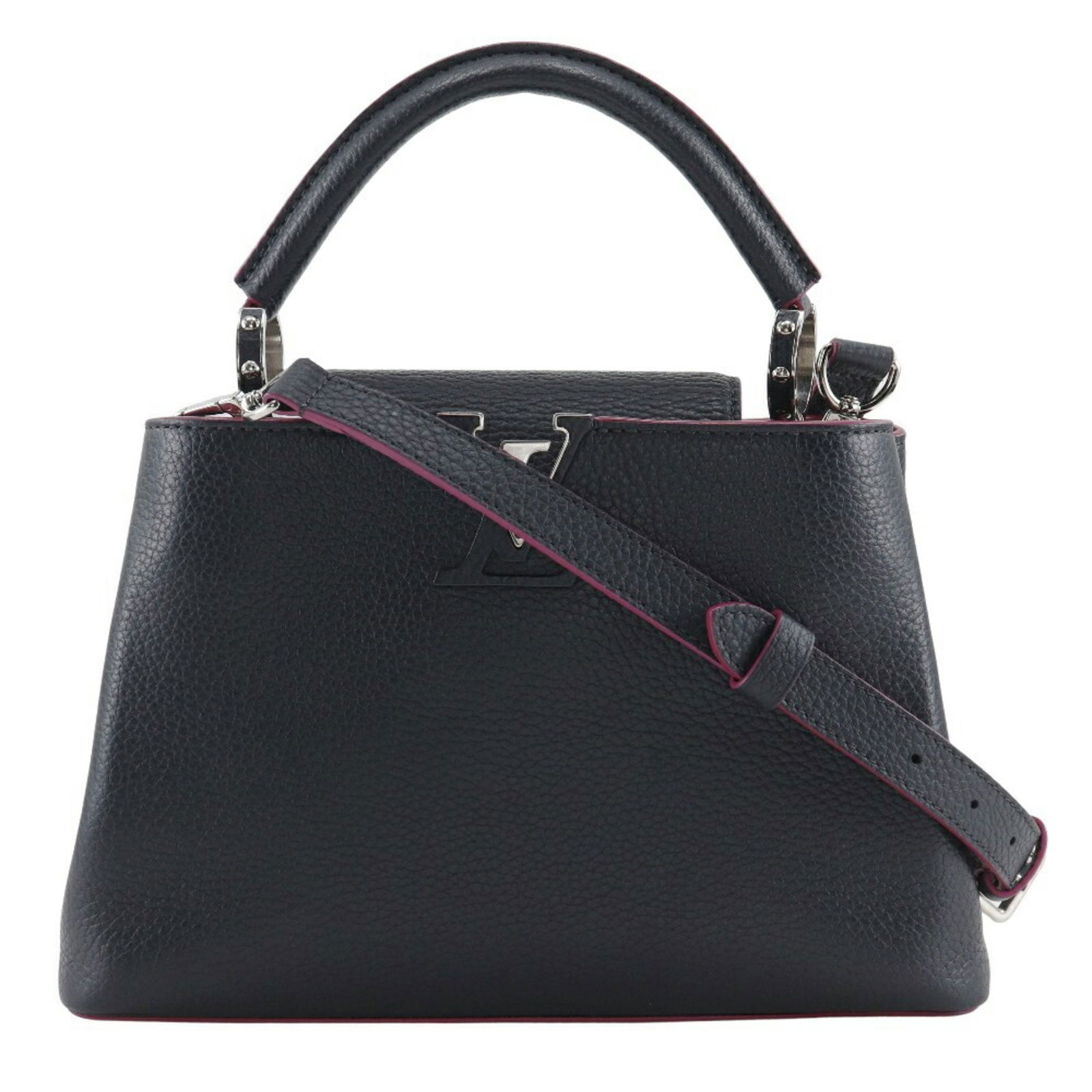 Navy Leather Capucines Handbag by Louis Vuitton France: Navy Leather Capucines Handbag by Louis Vuitton France The Louis Vuitton Capucines handbag is crafted from navy leather and features a structured silhouette. Made in France, this bag is designed for w