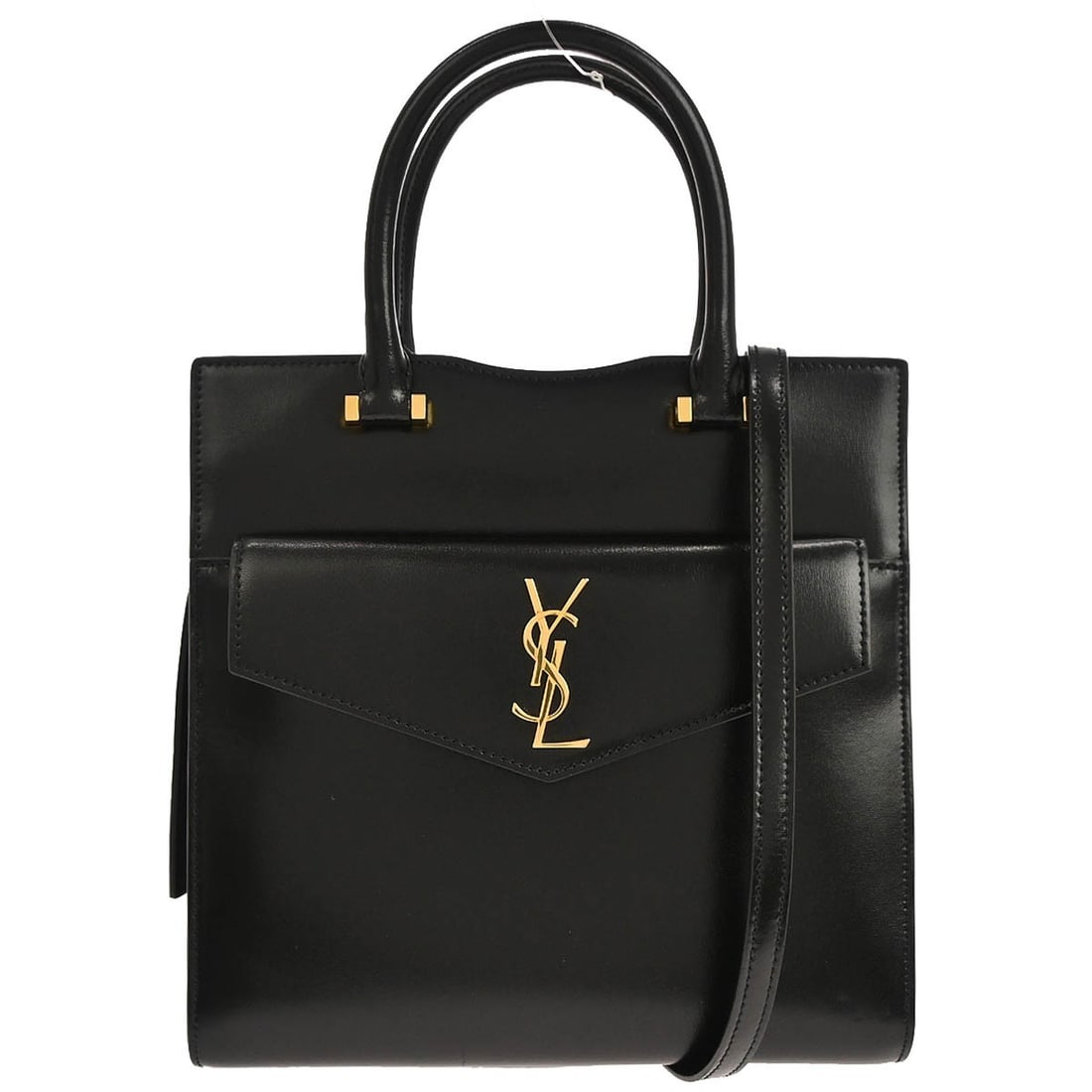 Saint Laurent Uptown Medium Black Leather Double Handle Top Handle Bag: Saint Laurent Uptown Medium Black Leather Double Handle Top Handle Bag This Saint Laurent Uptown 2-way shoulder handbag is crafted from black leather and features double handles for versatile carrying