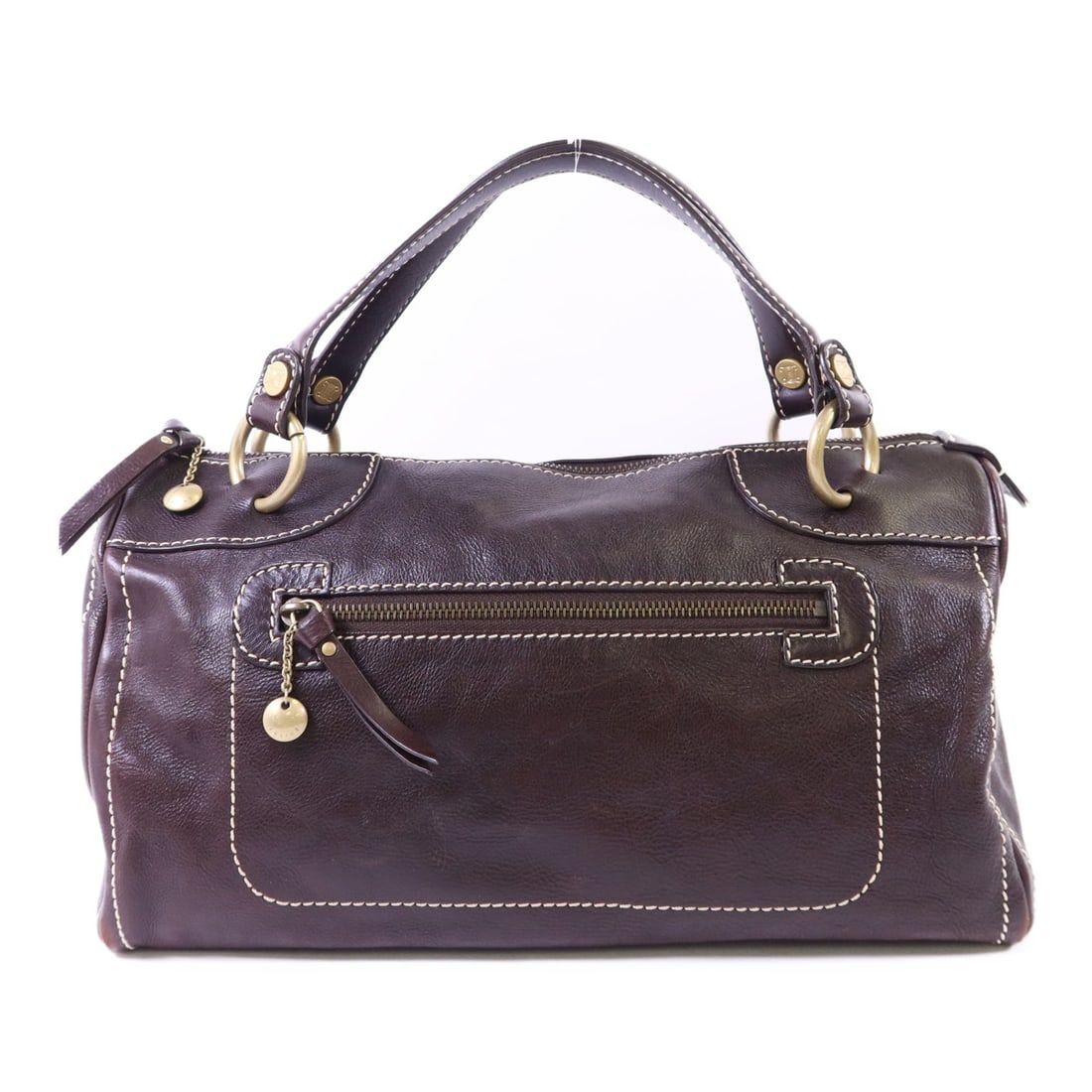 Brown Calfskin Leather CELINE Bowling Handbag with Gold Hardware (1 of 17)