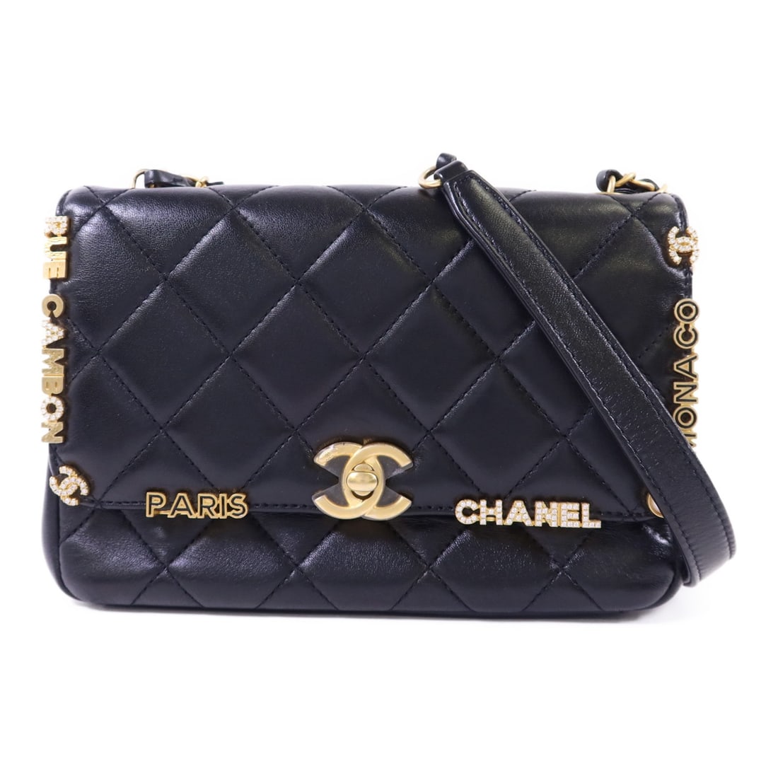 Mini Black Lambskin Matelasse Flap Shoulder Bag CHANEL CC AS3731 Gold Hardware: Mini Black Lambskin Matelasse Flap Shoulder Bag CHANEL CC AS3731 Gold Hardware This CHANEL Matelasse Mini Flap Chain Shoulder Bag features black lambskin leather and a classic design. The bag includes