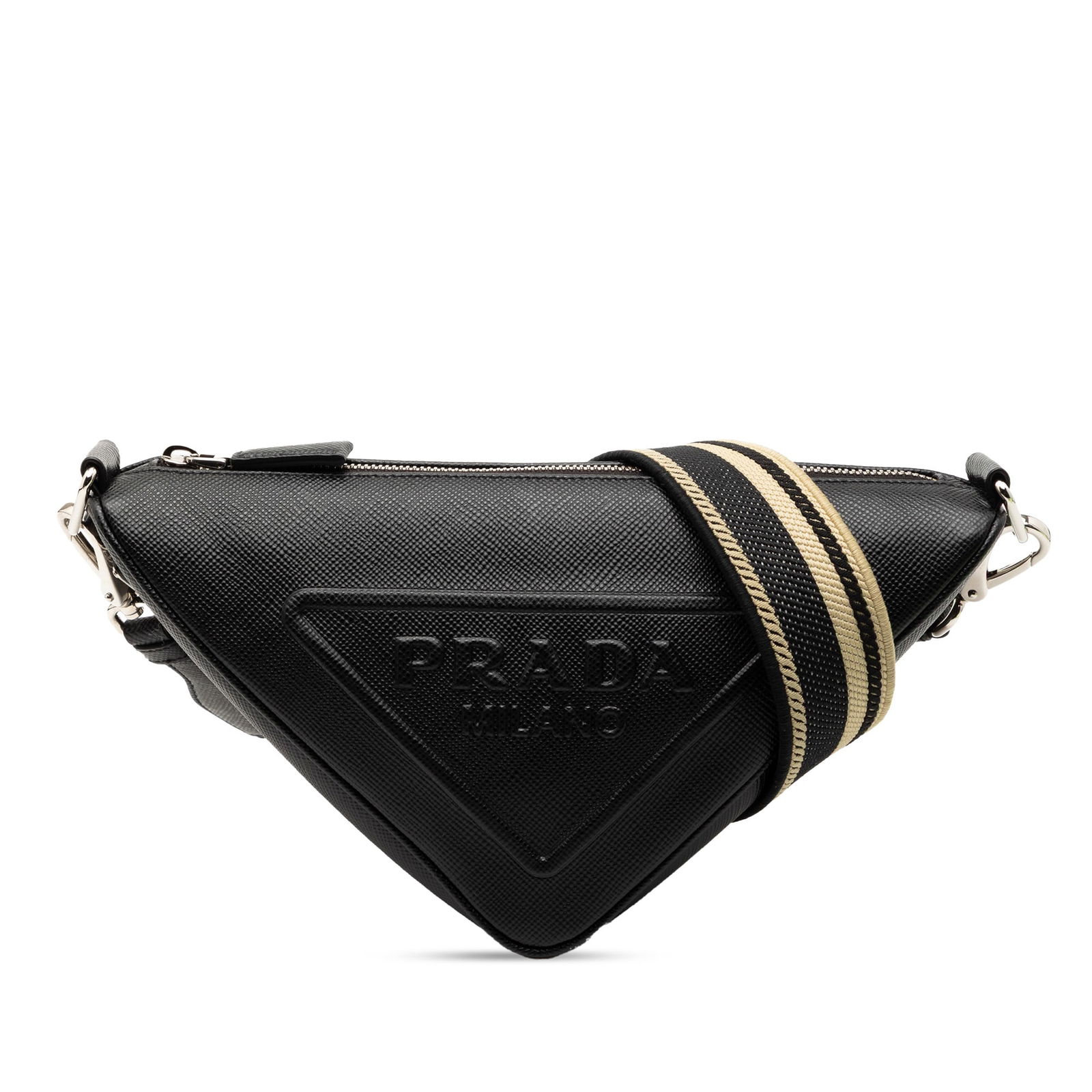 Prada Black Leather Saffiano Crossbody Bag with Triangle Logo and Canvas Strap: Prada Black Leather Saffiano Crossbody Bag with Triangle Logo and Canvas Strap This Prada Saffiano Triangle Logo Crossbody bag features a black saffiano leather body with the signature triangle logo d