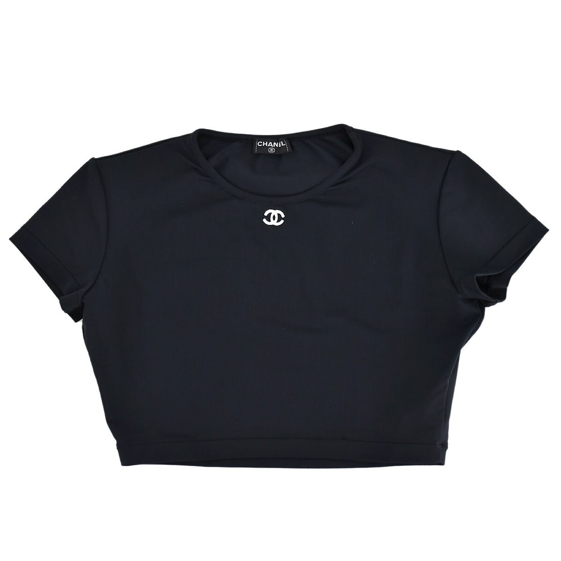Chanel Black Cropped T-shirt Size 40 Short Sleeve: Chanel Black Cropped T-shirt Size 40 Short Sleeve Elevate your casual wardrobe with this stylish Chanel Cropped T-shirt in classic black. Designed with a round neckline and short sleeves, this t-shirt