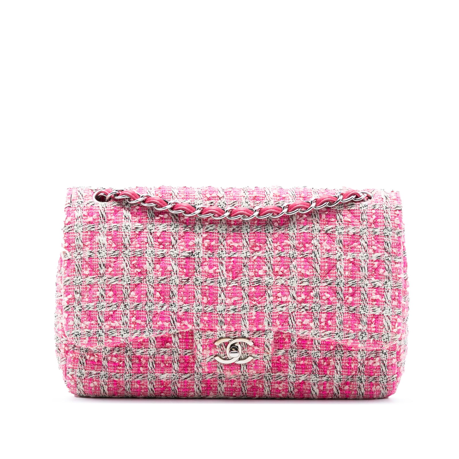 Chanel Jumbo Classic Tweed Double Flap Pink Bag: Chanel Jumbo Classic Tweed Double Flap Pink Bag This Chanel Jumbo Classic Tweed Double Flap is a luxurious handbag that showcases a beautifully quilted tweed body in a charming pink hue. It features l