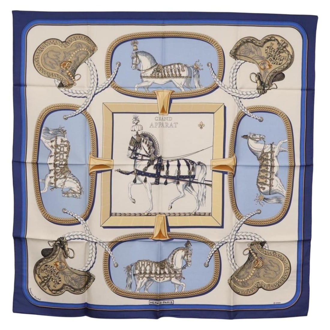 HERMES Grand Apparat Silk Scarf 90cm Blue Authentic (1 of 15)