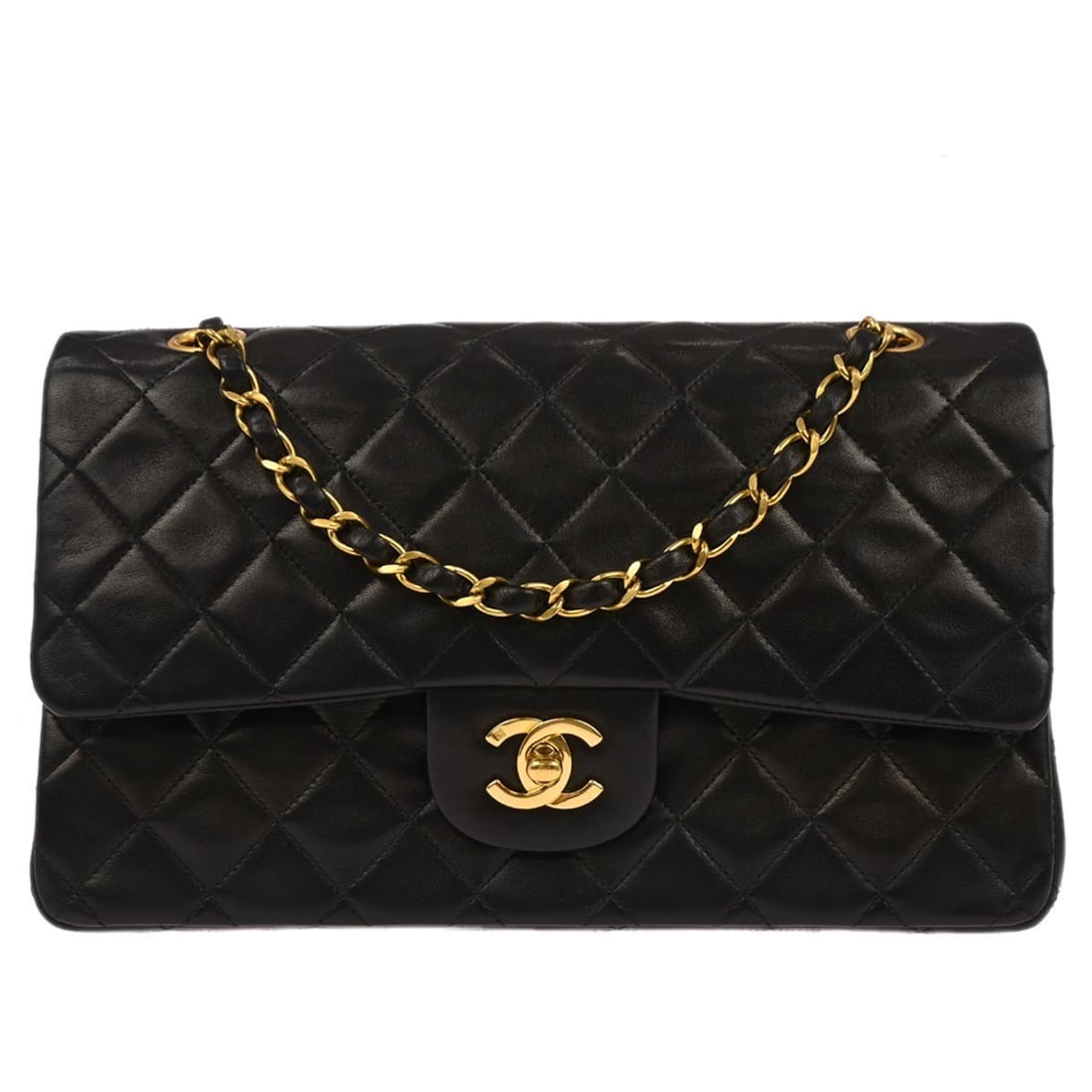 Medium Classic Double Flap Shoulder Bag in Black Lambskin by Chanel: Medium Classic Double Flap Shoulder Bag in Black Lambskin by Chanel This Chanel Classic Double Flap shoulder bag is crafted from luxurious black lambskin leather and features a medium size with a sign