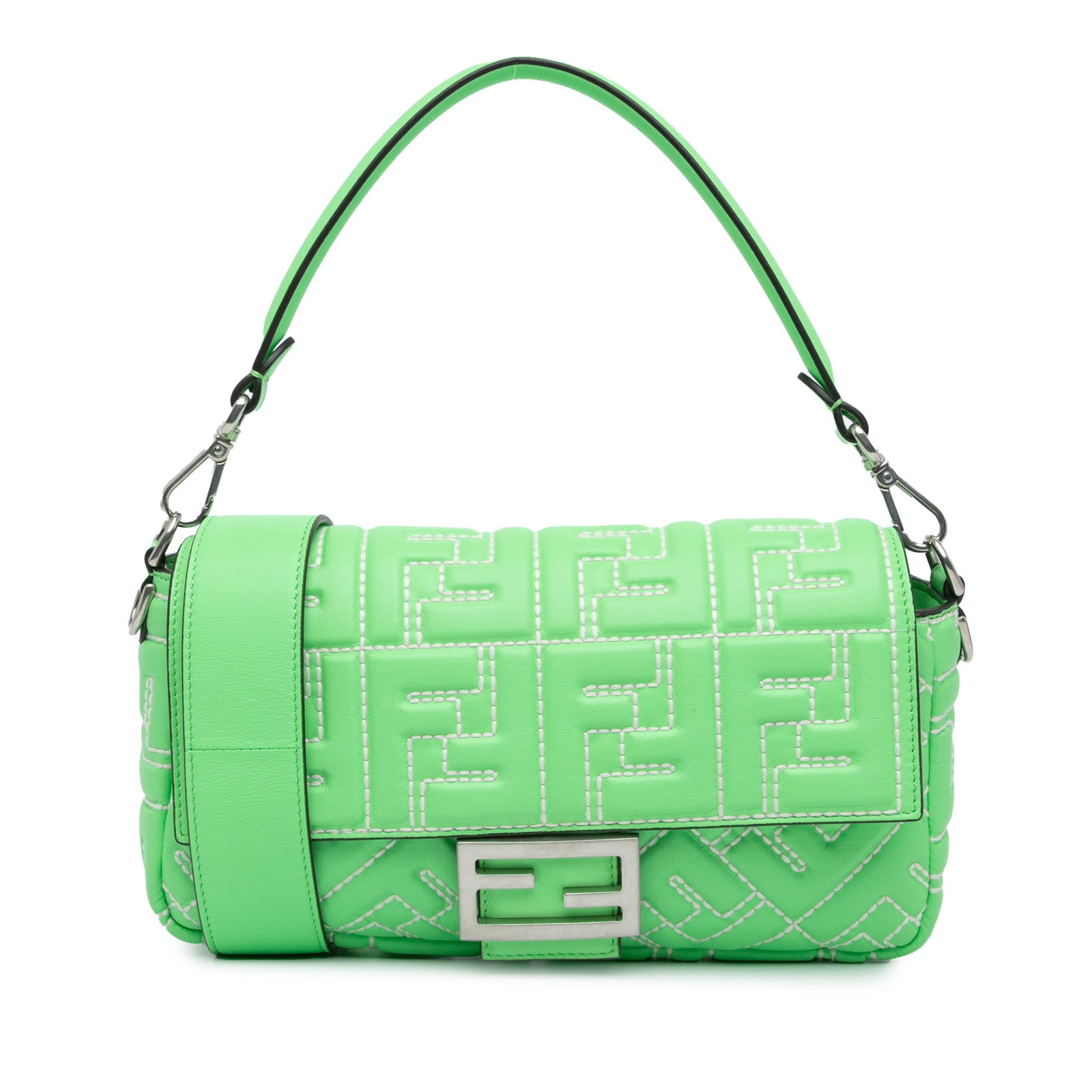 Fendi Zucca Green Leather Baguette Satchel with Detachable Strap: Fendi Zucca Green Leather Baguette Satchel with Detachable Strap The Fendi Zucca Embossed Stitched Leather Baguette Satchel is a stylish yet practical accessory featuring an embossed leather body in a