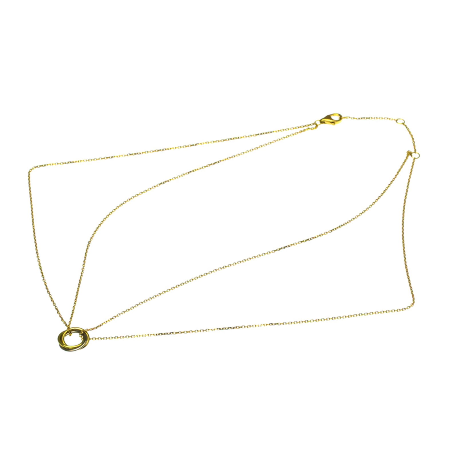 Cartier Trinity Necklace in 18K Pink White and Yellow Gold: Cartier Trinity Necklace in 18K Pink White and Yellow Gold This Cartier Trinity necklace features interlocking rings crafted from 18K pink, white, and yellow gold. Designed for women, it showcases a c