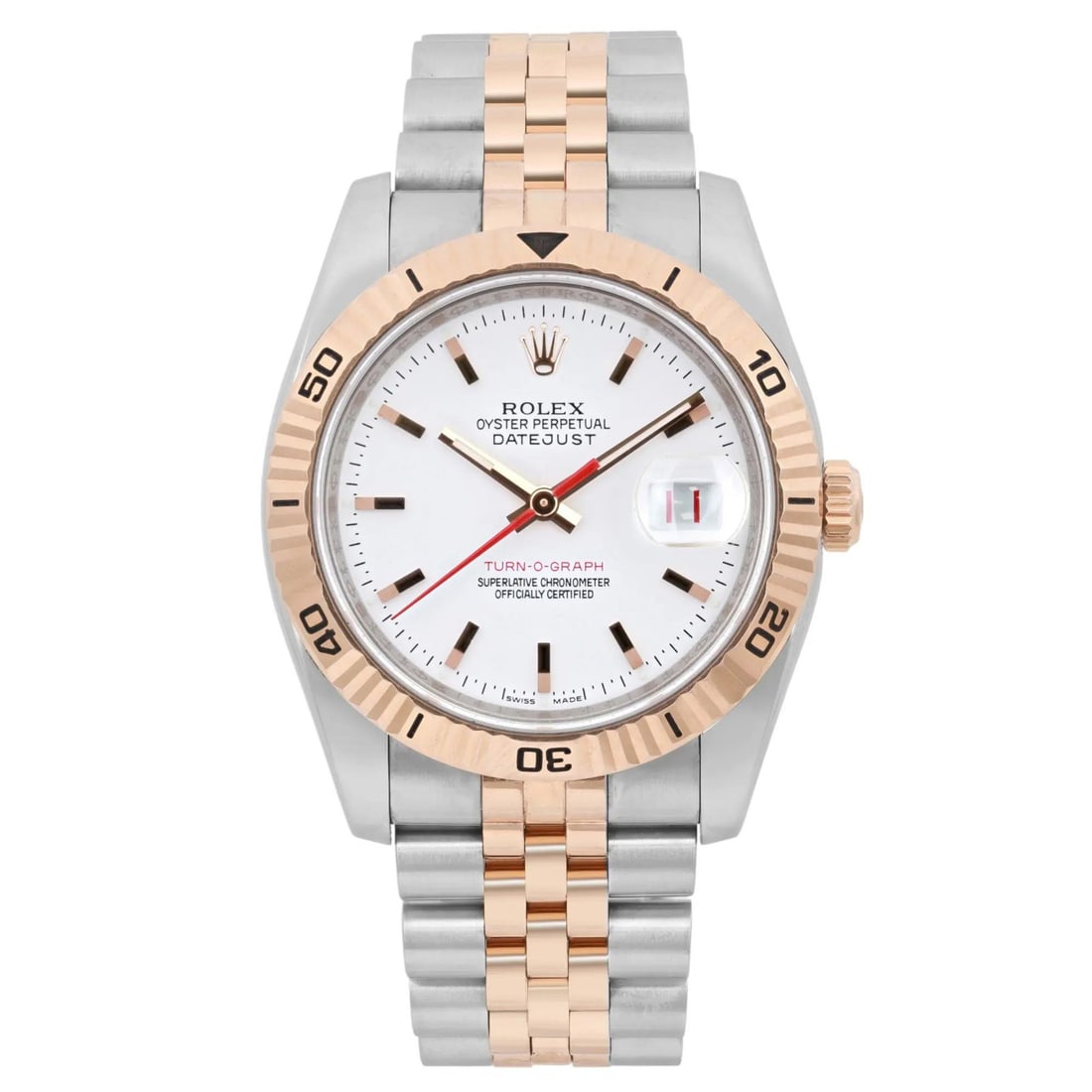 Rolex Datejust Turn-O-Graph 36mm Automatic Rose Gold Steel White Dial Watch: Rolex Datejust Turn-O-Graph 36mm Automatic Rose Gold Steel White Dial Watch Experience luxury with the Rolex Datejust Turn-O-Graph, a stunning wristwatch that combines elegance and functionality. This