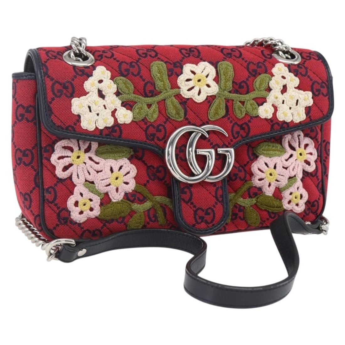 Red GG Canvas Shoulder Bag by Gucci with Chain Strap and Dust Bag: Red GG Canvas Shoulder Bag by Gucci with Chain Strap and Dust Bag This GUCCI GG Canvas chain shoulder bag features a striking red and silver color combination and is crafted from signature GG Canvas.