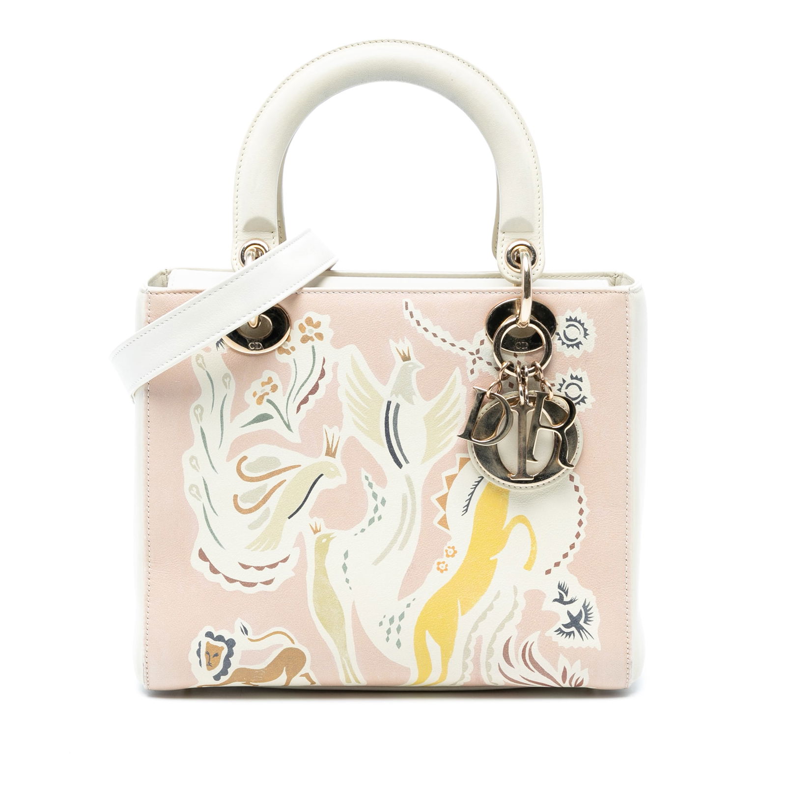 Dior Medium Calfskin Fairy Tale Lady Dior Bag Pink: Dior Medium Calfskin Fairy Tale Lady Dior Bag Pink Introducing the Medium Calfskin Fairy Tale Lady Dior, a stunning handbag crafted from printed leather in a delightful pink hue. This elegant bag feat