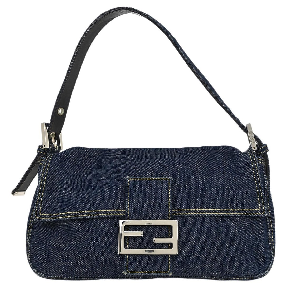 Fendi Baguette Navy Denim Medium Shoulder Handbag with Silver Hardware: Fendi Baguette Navy Denim Medium Shoulder Handbag with Silver Hardware This Fendi Baguette handbag features a navy denim exterior with silver-tone hardware and logo accents. Designed in a medium size