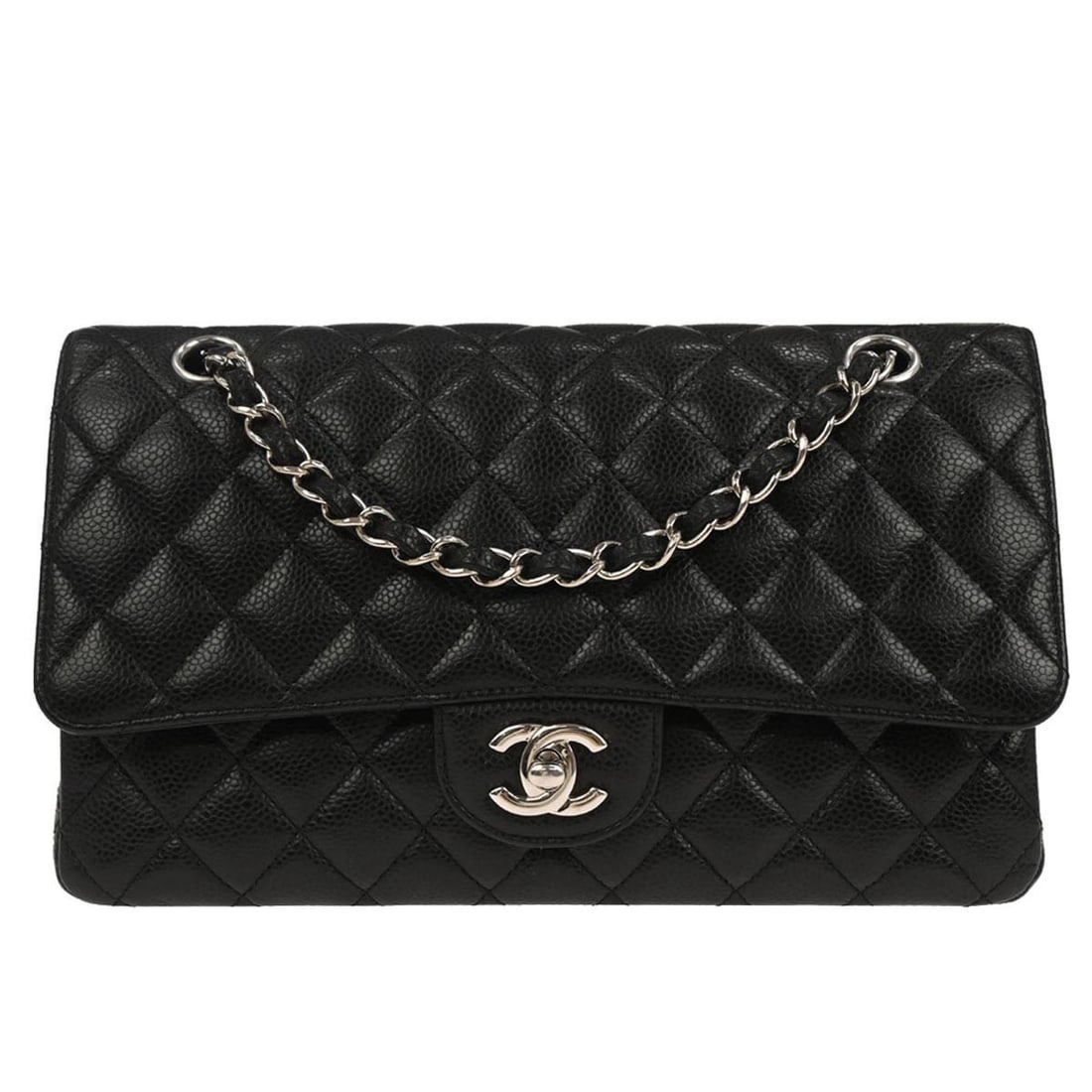 Medium Classic Double Flap Shoulder Bag in Black Caviar Leather by Chanel: Medium Classic Double Flap Shoulder Bag in Black Caviar Leather by Chanel This Chanel Classic Double Flap shoulder bag features black caviar skin leather with a matelasse pattern and iconic logo accen