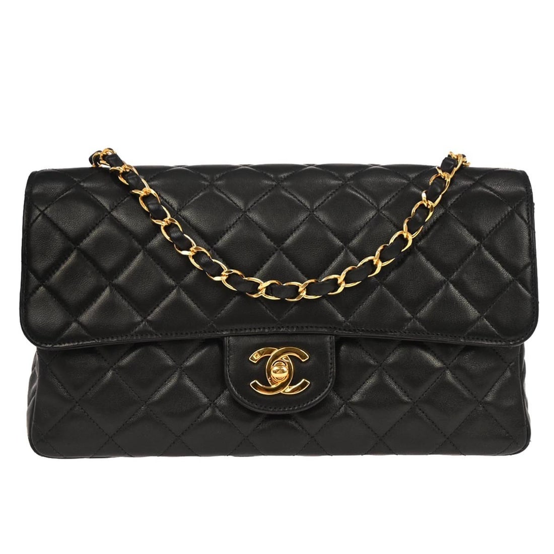 Classic Single Flap Black Lambskin Medium Shoulder Bag by Chanel: Classic Single Flap Black Lambskin Medium Shoulder Bag by Chanel This Chanel Classic Single Flap shoulder bag is crafted from black lambskin leather and features a turn lock closure. The medium-sized