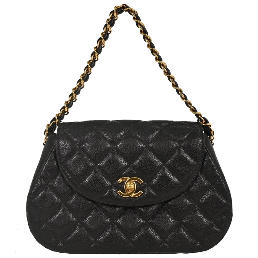 Chanel Black Caviar Leather Handbag with Turn Lock Closure: Chanel Black Caviar Leather Handbag with Turn Lock Closure This elegant Chanel Black Calfskin Handbag features a classic design crafted from luxurious caviar skin leather, highlighted by a sophisticat