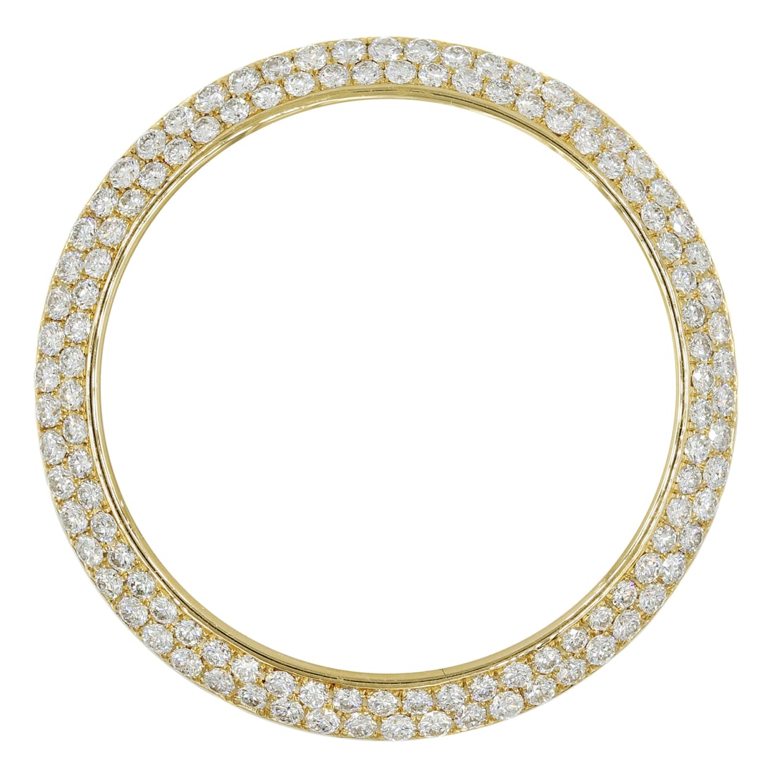 Rolex 41mm 18K Yellow Gold Custom Diamond Bezel 3.50cttw: Rolex 41mm 18K Yellow Gold Custom Diamond Bezel 3.50cttw Elevate your Rolex watch with this exquisite 41mm bezel crafted from 18K yellow gold and adorned with dazzling round diamonds. This custom-made