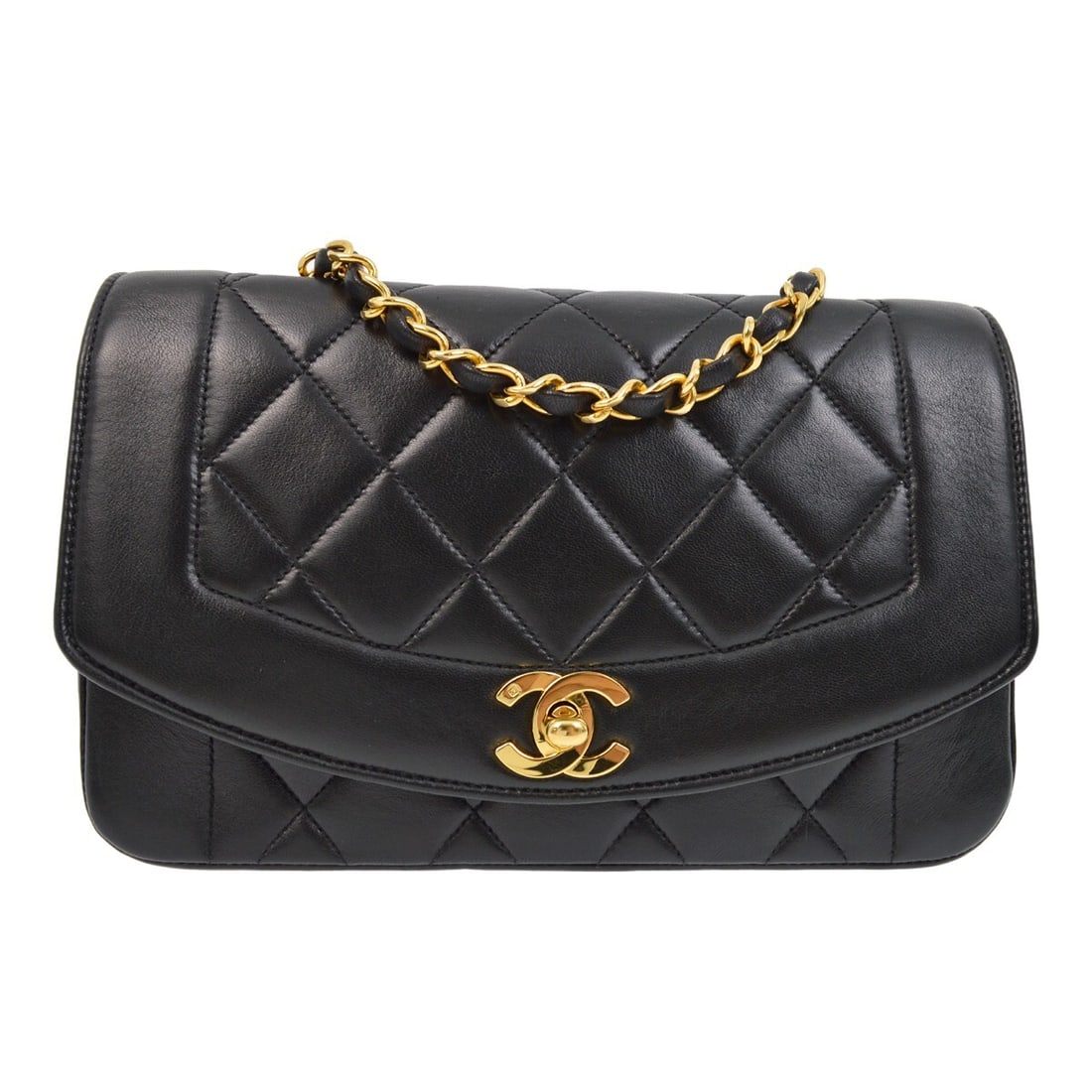 Chanel Black Lambskin Diana Small Shoulder Bag with Chain Strap: Chanel Black Lambskin Diana Small Shoulder Bag with Chain Strap Introducing the elegant Chanel Black Lambskin Small Diana Shoulder Bag, a perfect blend of luxury and practicality. With its chic matela