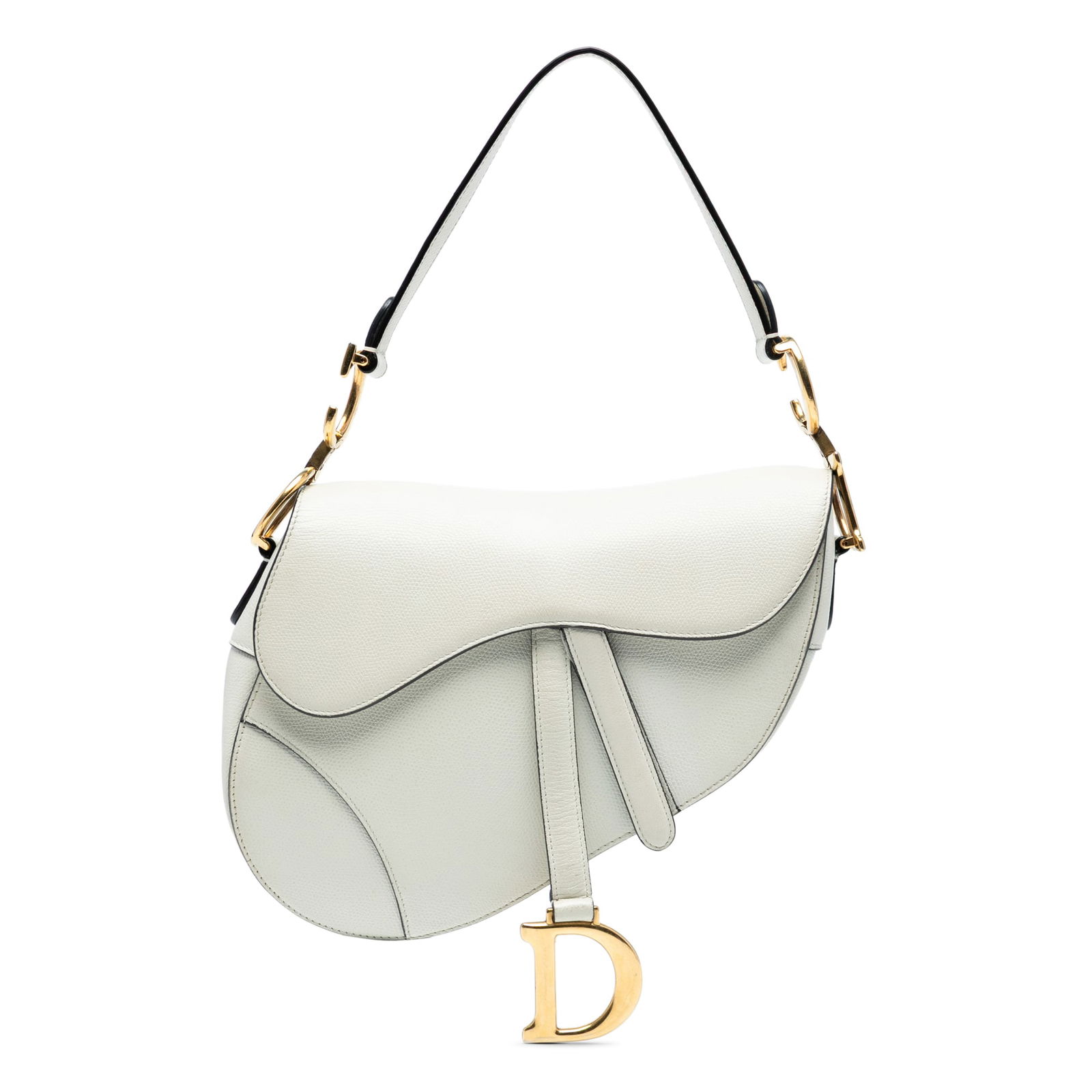 White Dior Saddle Bag in Grained Calfskin Leather: White Dior Saddle Bag in Grained Calfskin Leather This Dior Saddle bag is crafted from grained calfskin leather in white and features a flap with magnetic closure, a flat leather shoulder strap, an ex