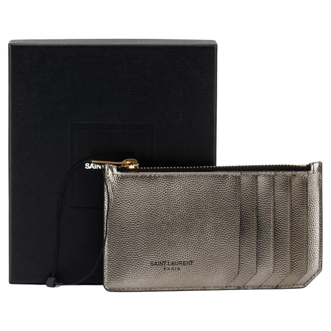 Yves Saint Laurent Pewter Credit Card Wallet with Coin Compartment: Yves Saint Laurent Pewter Credit Card Wallet with Coin Compartment This Yves Saint Laurent credit card wallet is crafted in a stylish pewter finish, perfect for contemporary fashion. It features a zip