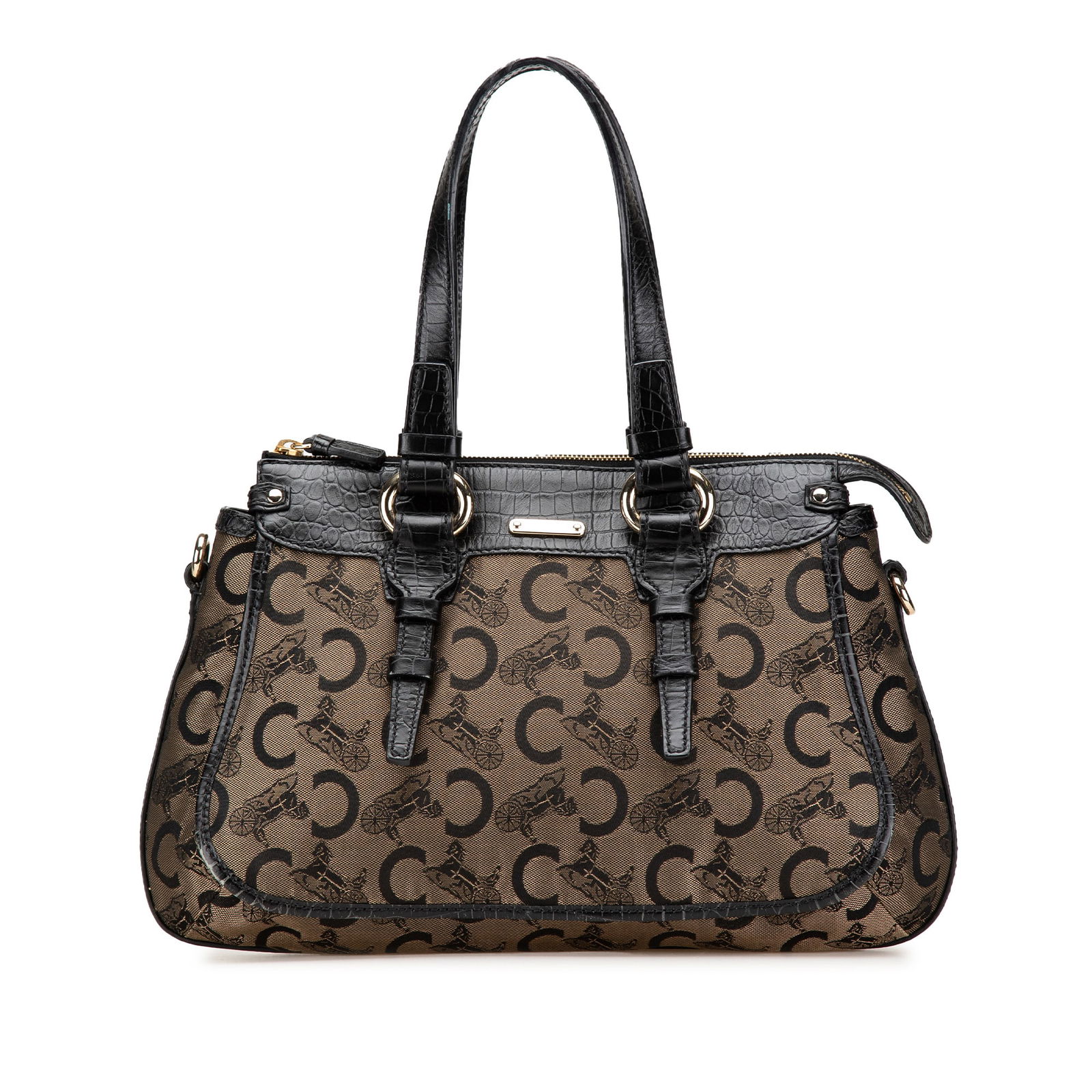 Celine C Carriage Canvas Satchel Brown Fabric with Leather Trim: Celine C Carriage Canvas Satchel Brown Fabric with Leather Trim The Celine C Carriage Canvas Satchel combines style and practicality with its durable canvas body complemented by embossed leather trim.