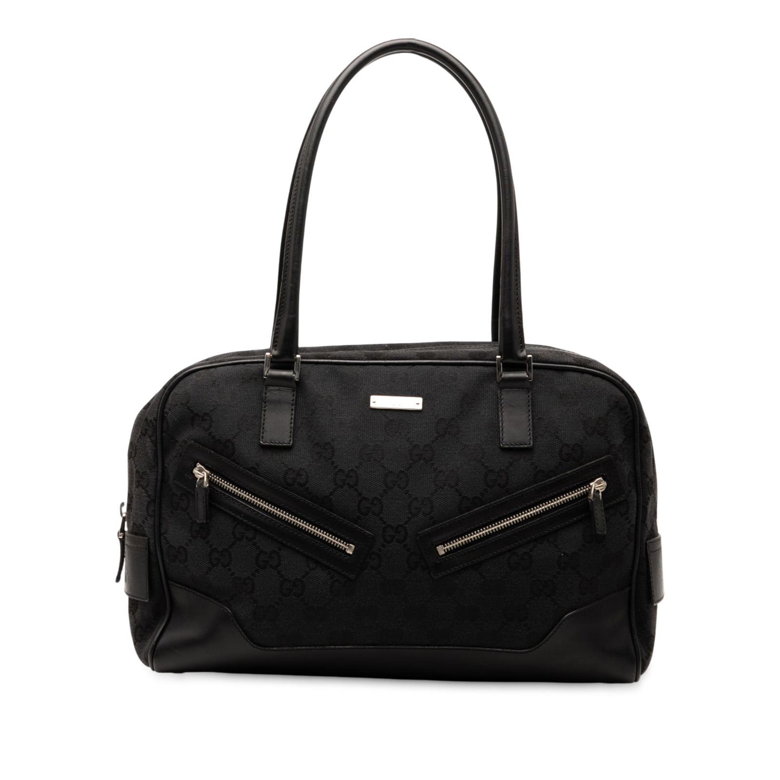 Black GG Canvas Shoulder Bag by Gucci with Leather Trim: Black GG Canvas Shoulder Bag by Gucci with Leather Trim This Gucci GG Canvas Shoulder Bag features a canvas body with leather trim, rolled leather straps, a top zip closure, exterior zip pockets, and