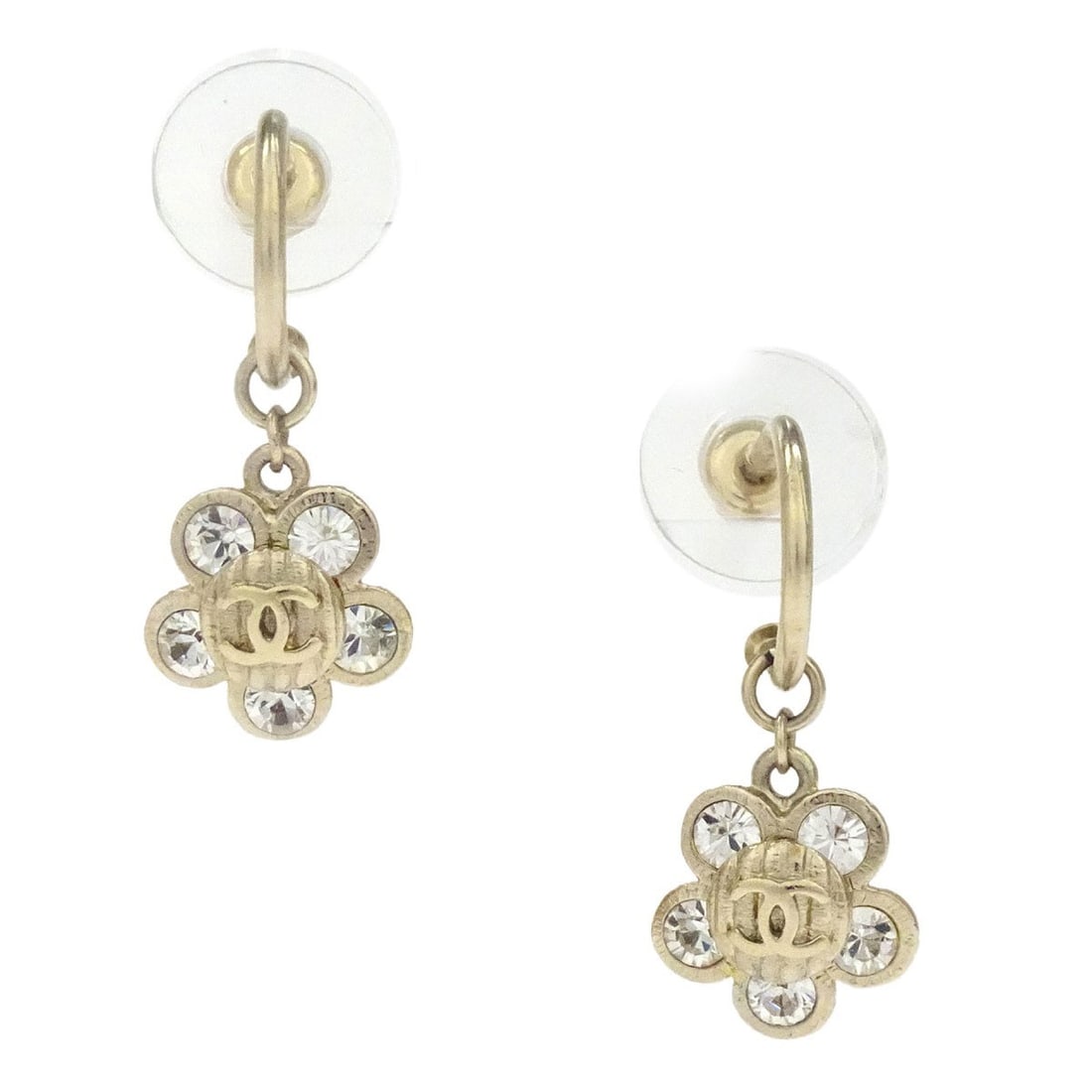 Chanel 07A Gold Plated Dangle Flower Earrings with Rhinestones: Chanel 07A Gold Plated Dangle Flower Earrings with Rhinestones Elevate your style with these exquisite Chanel Dangle Flower Piercing Earrings, featuring a stunning gold-plated finish adorned with spar