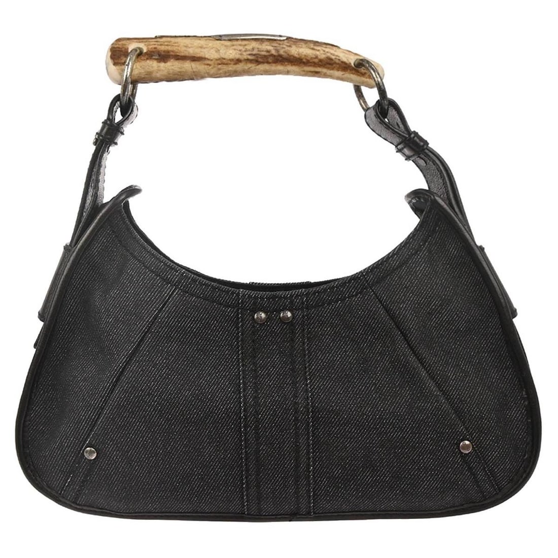 Saint Laurent Mombasa Navy Denim Top Handle Bag with Logo Accent: Saint Laurent Mombasa Navy Denim Top Handle Bag with Logo Accent This Yves Saint Laurent Mombasa handbag features a navy denim leather exterior with logo accents and a top handle design. The bag is sm