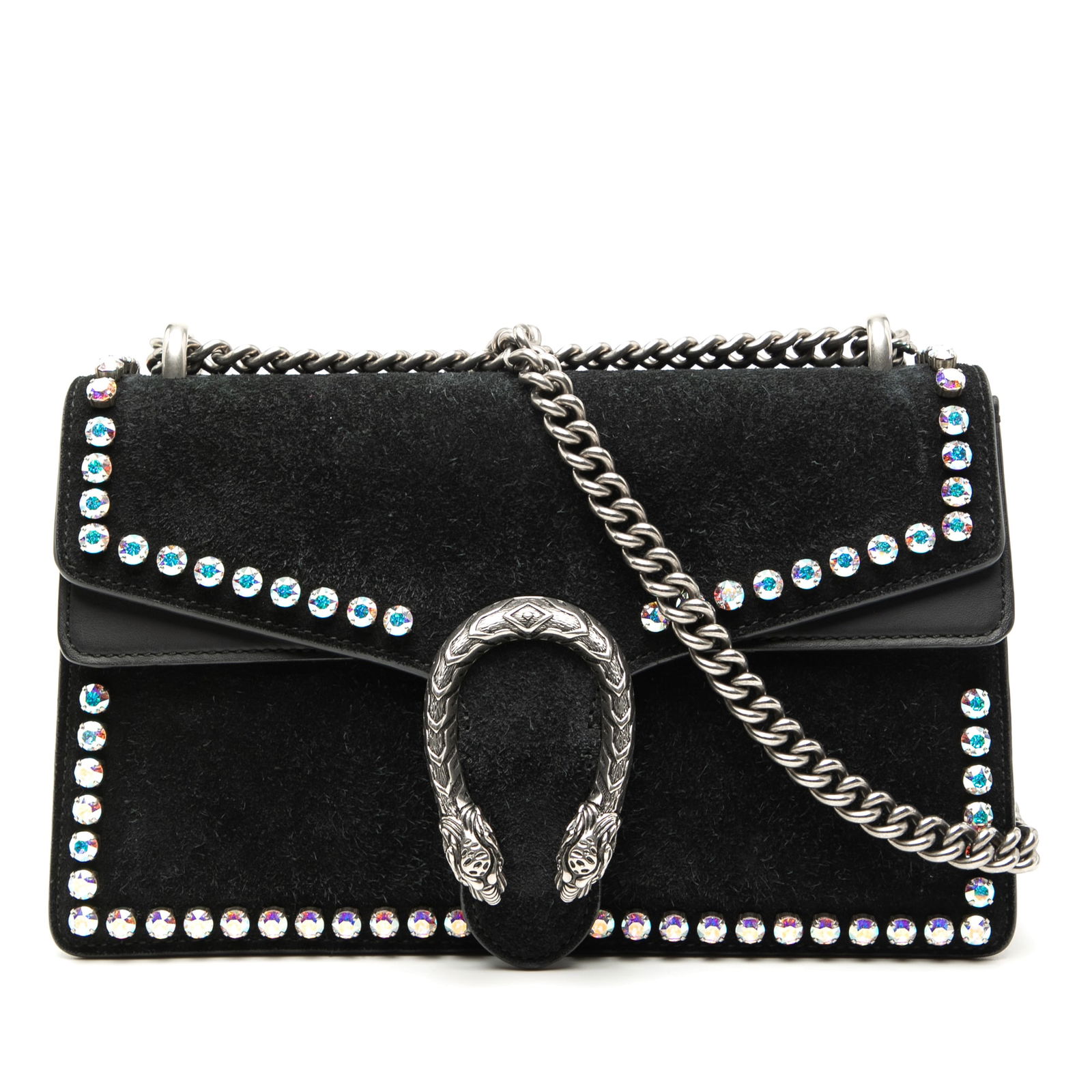 Gucci Dionysus Small Black Suede Shoulder Bag with Crystal Accents: Gucci Dionysus Small Black Suede Shoulder Bag with Crystal Accents This Gucci Small Suede Crystal Embellished Dionysus Shoulder Bag features a black suede body adorned with crystal embellishments. It