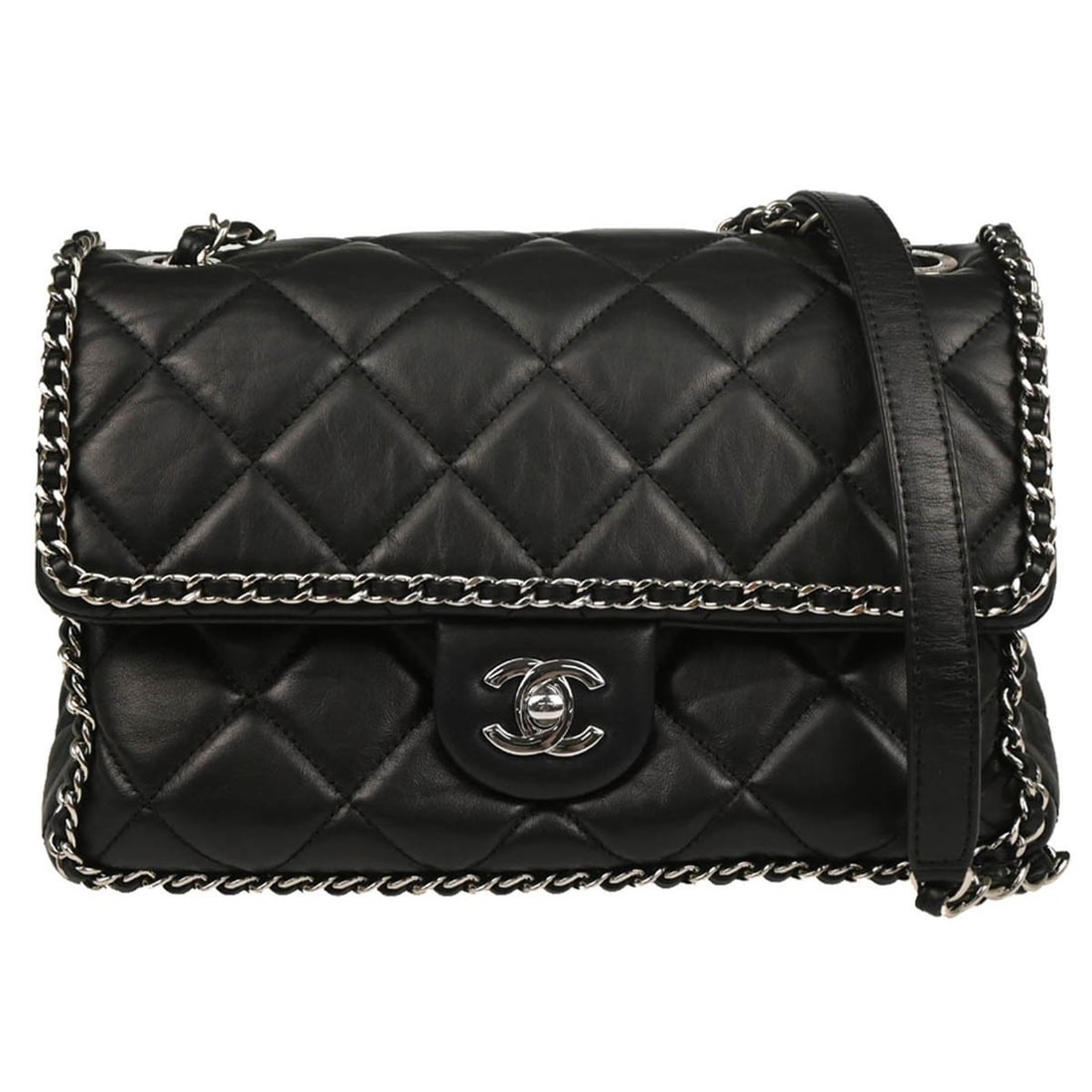 Chanel Black Calfskin Around Chain Shoulder Bag Medium: Chanel Black Calfskin Around Chain Shoulder Bag Medium Discover the elegance of the Chanel Black Calfskin Around Chain Shoulder Bag, a perfect blend of style and functionality. This medium-sized shoul