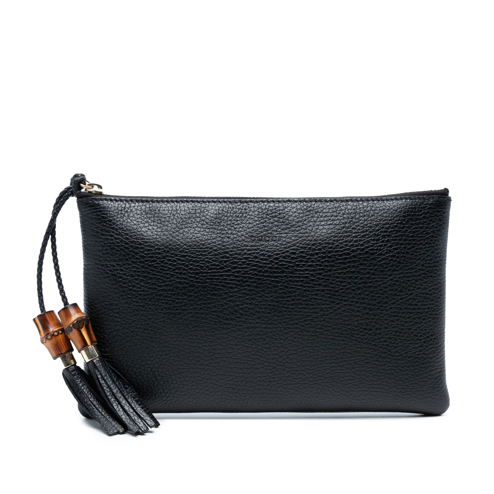 Gucci Black Calfskin Bamboo Clutch with Tassel Details: Gucci Black Calfskin Bamboo Clutch with Tassel Details This elegant Gucci Calfskin Bamboo Clutch showcases a sophisticated leather body, enhanced by a distinctive top zip closure featuring bamboo and