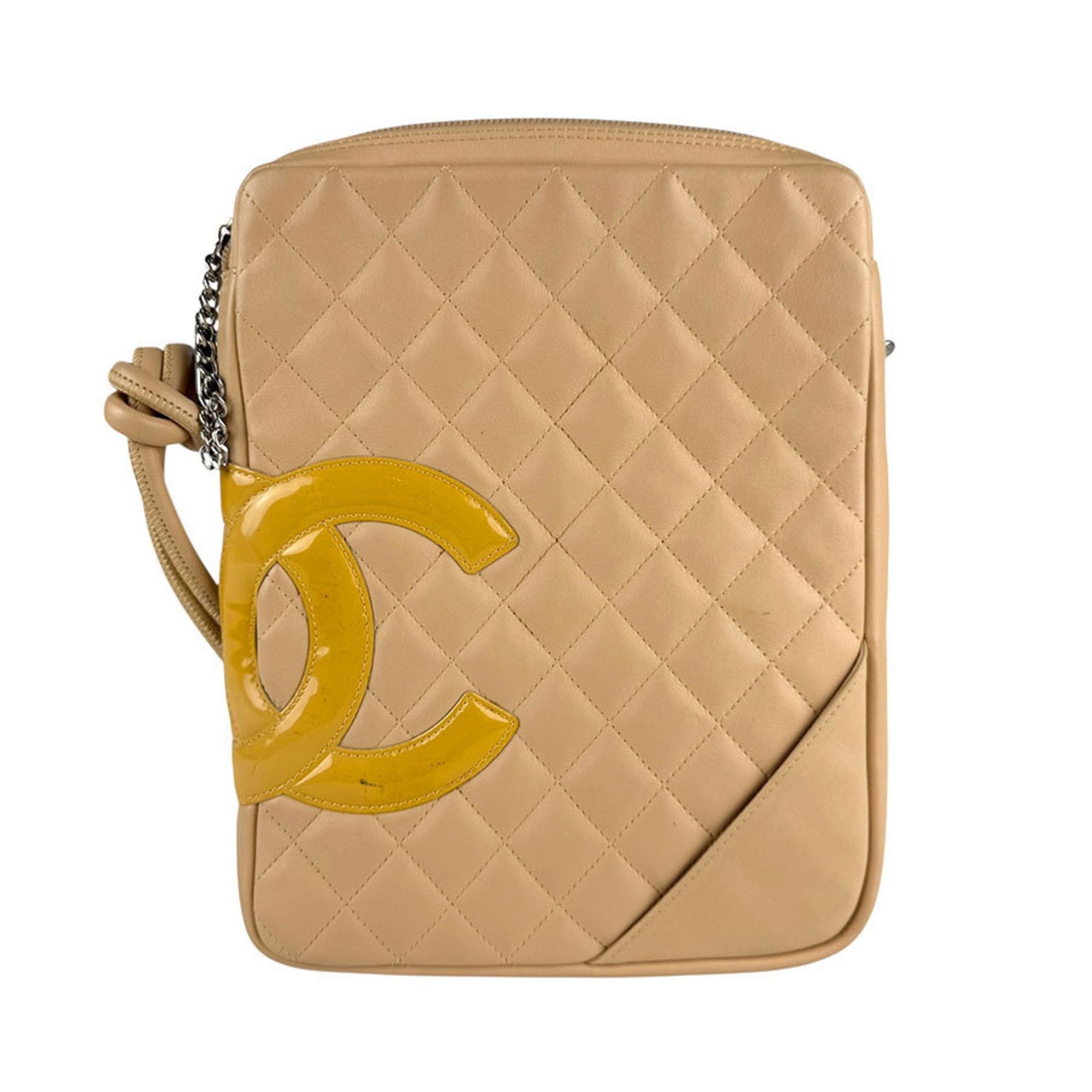 Beige Leather Cambon Shoulder Bag by Chanel 26cm: Beige Leather Cambon Shoulder Bag by Chanel 26cm This is a Chanel Cambon handbag crafted from beige leather. Designed for women, it features a compact silhouette and was made in Italy. The bag shows s