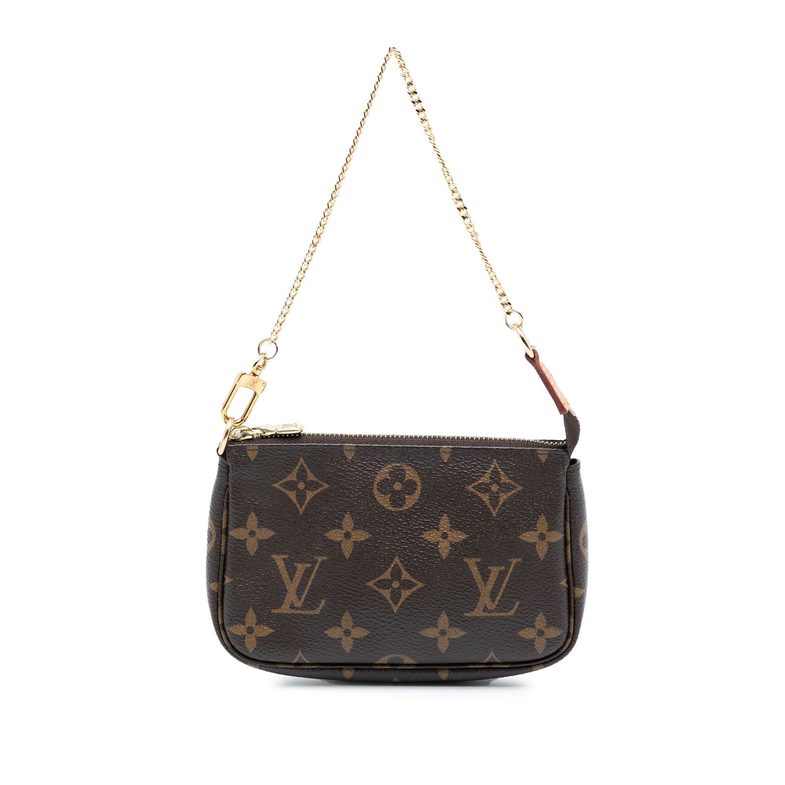 Brown Monogram Canvas Mini Pochette by Louis Vuitton with Chain Strap: Brown Monogram Canvas Mini Pochette by Louis Vuitton with Chain Strap This Louis Vuitton Monogram Mini Pochette Accessoires features a monogram canvas body with a gold-tone chain strap and a top zip c