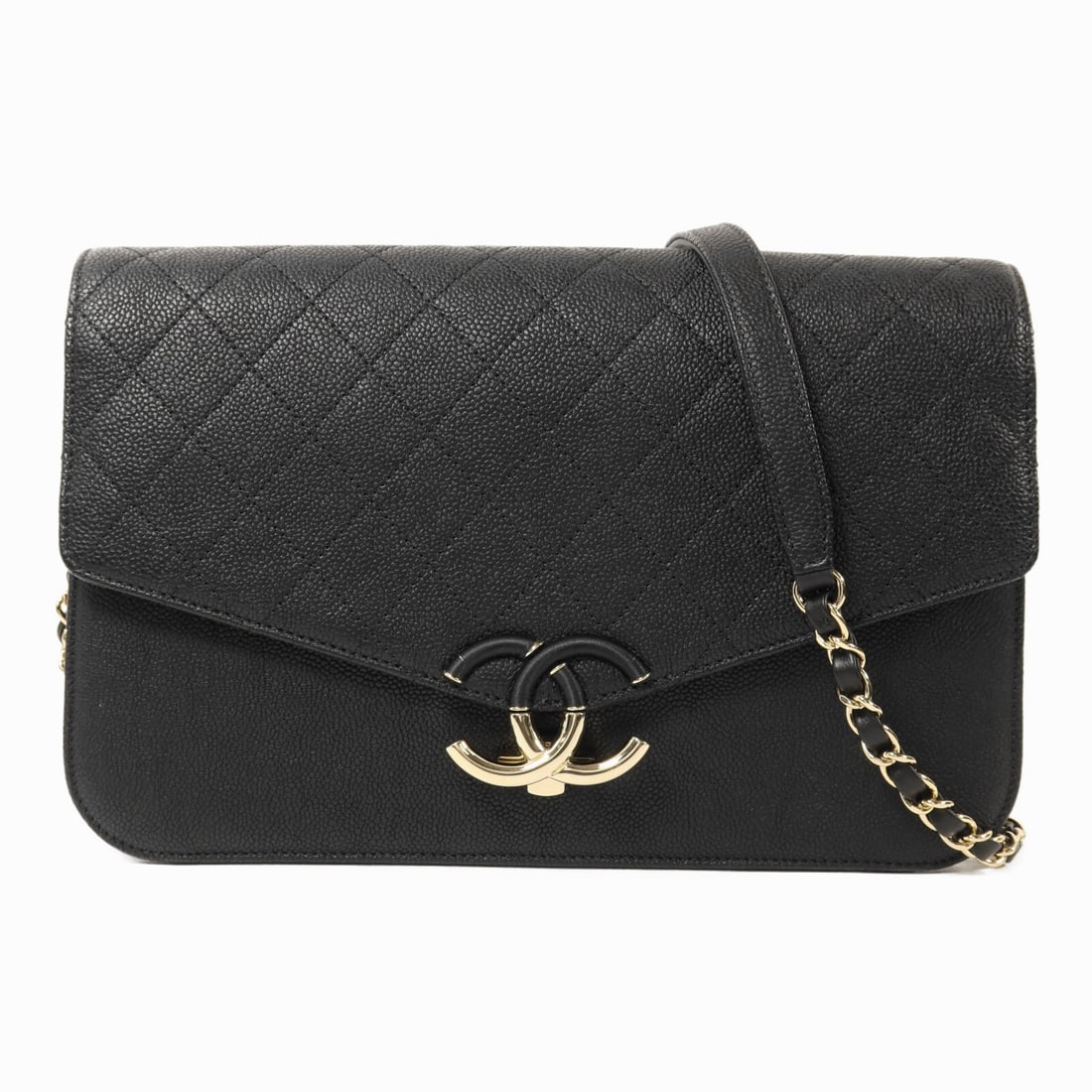 Black Calfskin Leather Chanel CC Shoulder Bag with Gold Tone Chain: Black Calfskin Leather Chanel CC Shoulder Bag with Gold Tone Chain This CHANEL shoulder bag features luxurious black calfskin leather and a classic chain design. The bag is crafted in France and is pr