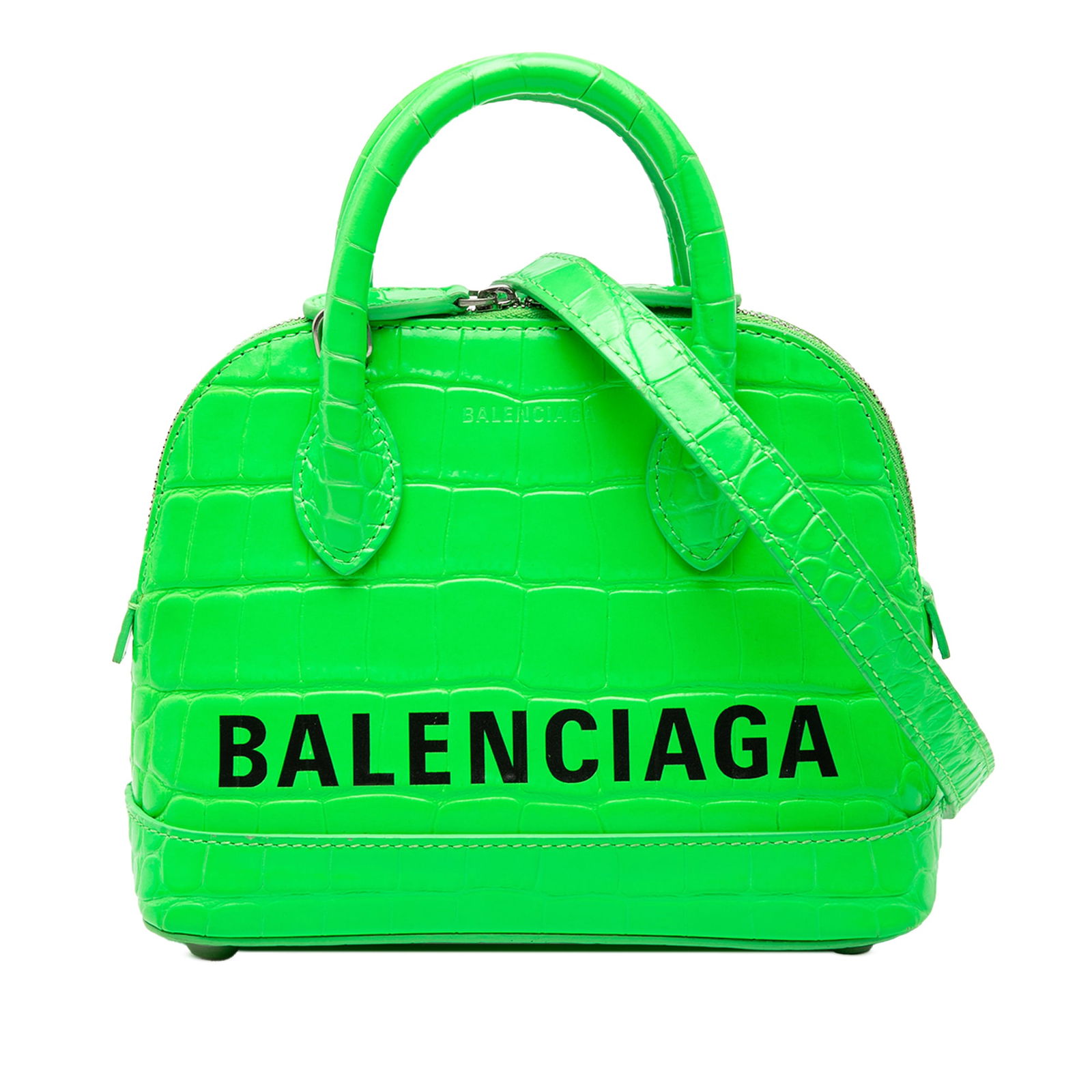 Balenciaga Ville XXS Green Croc Embossed Calfskin Top Handle Satchel: Balenciaga Ville XXS Green Croc Embossed Calfskin Top Handle Satchel This Balenciaga Ville XXS top handle bag is crafted from green croc-embossed calfskin leather. It features rolled leather handles,