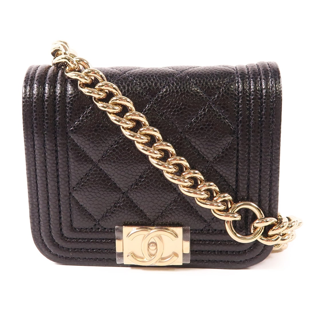 CHANEL Boy Chain Shoulder Bag Black Calfskin with GHW: CHANEL Boy Chain Shoulder Bag Black Calfskin with GHW This exquisite CHANEL Boy Chain Shoulder Bag is crafted from luxurious calfskin leather in a timeless black hue. With its sleek design and iconic