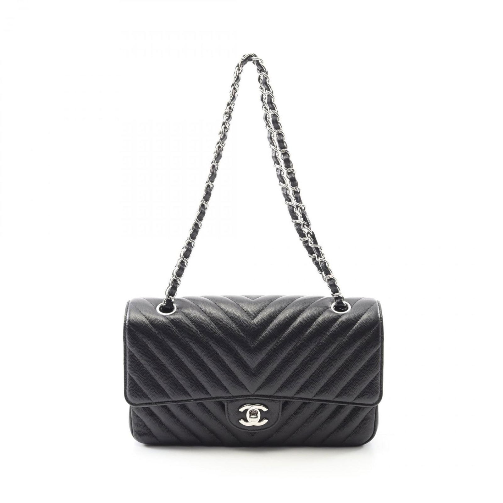 Chanel V-Stich Black Leather Shoulder Bag 15cm x 25cm: Chanel V-Stich Black Leather Shoulder Bag 15cm x 25cm This Chanel V-Stitch bag is crafted from black leather and features a stylish V-stitch pattern. Designed for women, it offers a classic silhouette