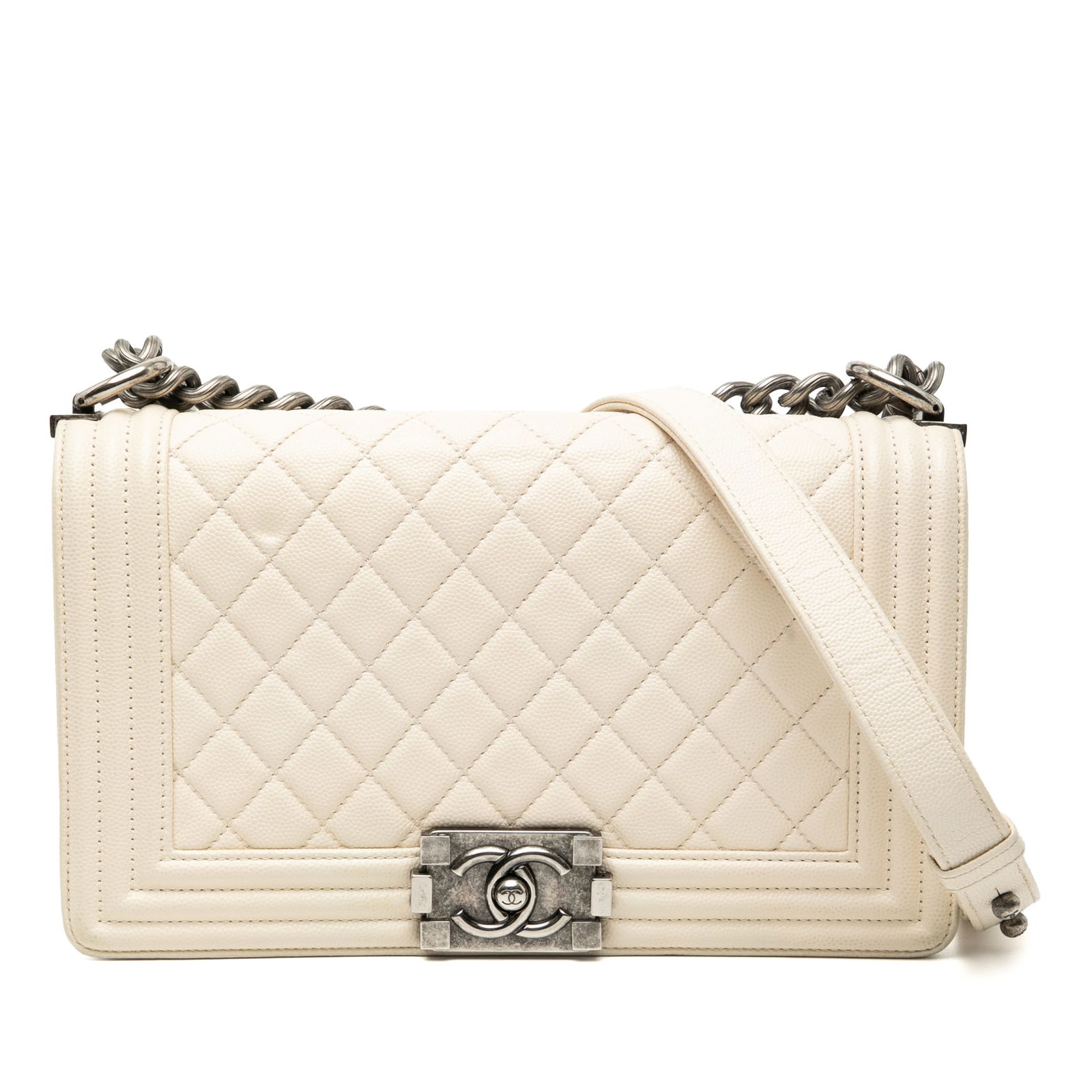 Chanel Boy Flap Old Medium Caviar Quilted White Leather Crossbody Bag (1 of 8)