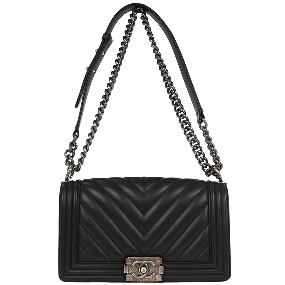 Chanel Boy Medium Black Lambskin Shoulder Bag with Chain Strap: Chanel Boy Medium Black Lambskin Shoulder Bag with Chain Strap Introducing the Boy Chanel Black Lambskin Medium Shoulder Bag, a stylish and versatile accessory perfect for casual occasions. This mediu