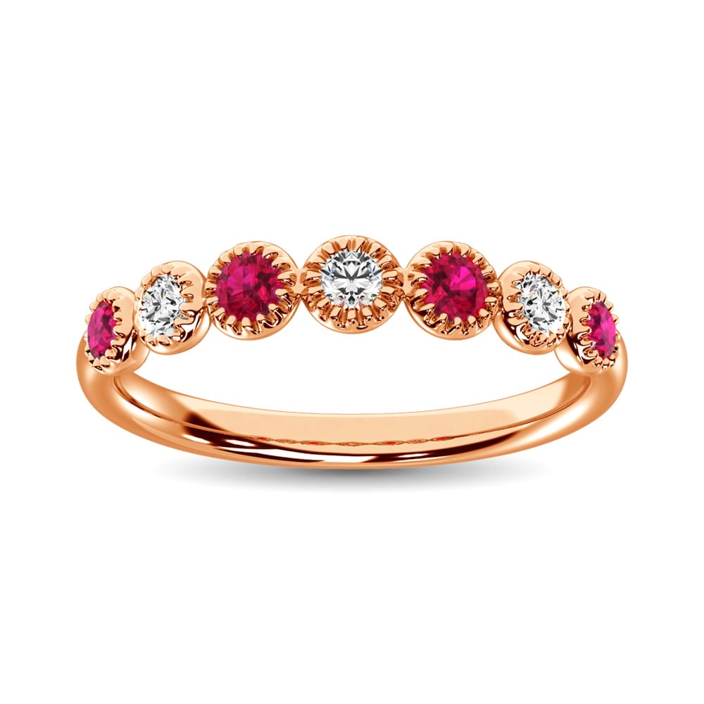 Diamond 1/5 Ct.Tw. And Alternate Ruby Stack Band in 14K Rose Gold ( 3 Diamond and 4 Ruby ): Diamond 1/5 Ct.Tw. And Alternate Ruby Stack Band in 14K Rose Gold ( 3 Diamond and 4 Ruby ) 14k Rose Gold Stone Color: G-h Stone Clarity: I1 This item may take 2-5 weeks for shipping. PLEASE NOTE: Fram