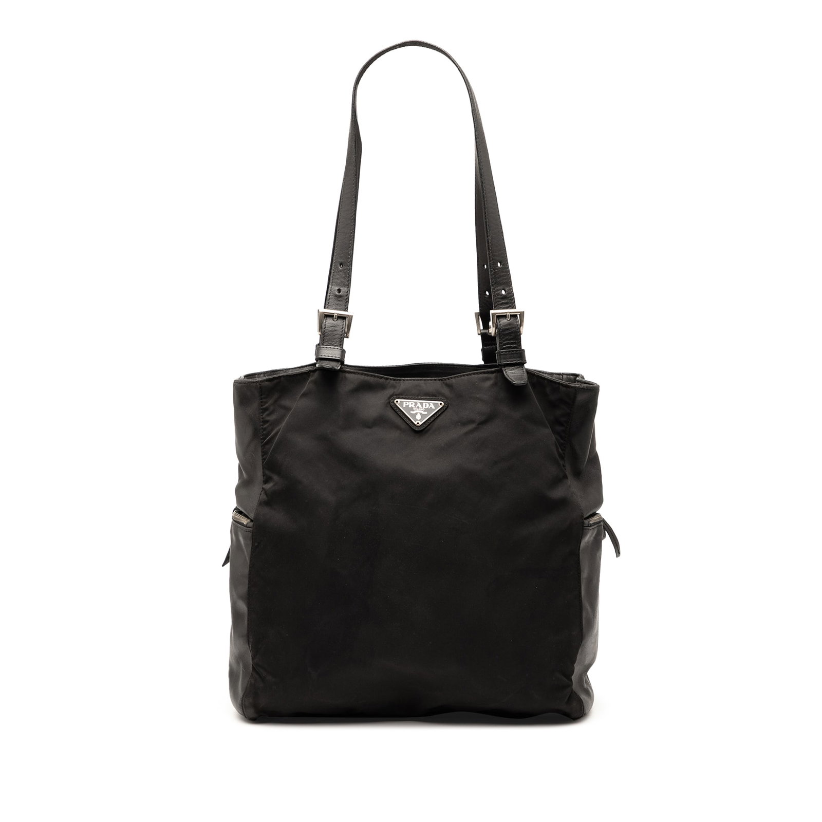 Prada Vitello Trimmed Tessuto Tote Bag Black Nylon Leather: Prada Vitello Trimmed Tessuto Tote Bag Black Nylon Leather The Prada Vitello Trimmed Tessuto Pockets Tote is a stylish and functional bag characterized by its durable nylon body with elegant leather t