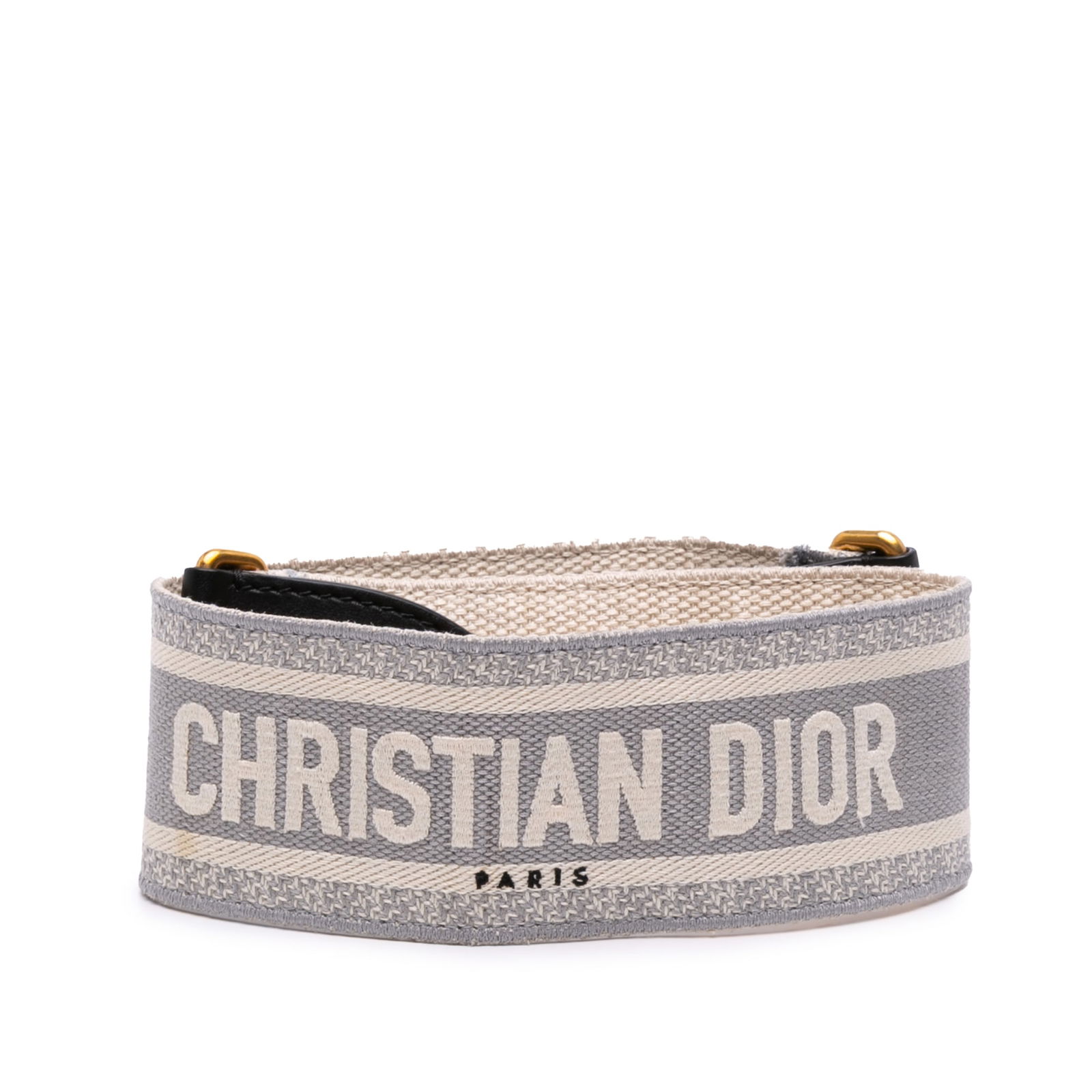 Dior Gray Embroidered Canvas Logo Bag Strap Italy: Dior Gray Embroidered Canvas Logo Bag Strap Italy Enhance your accessory collection with the Dior Embroidered Canvas Logo Bag Strap. This stylish strap features a sophisticated embroidered canvas body