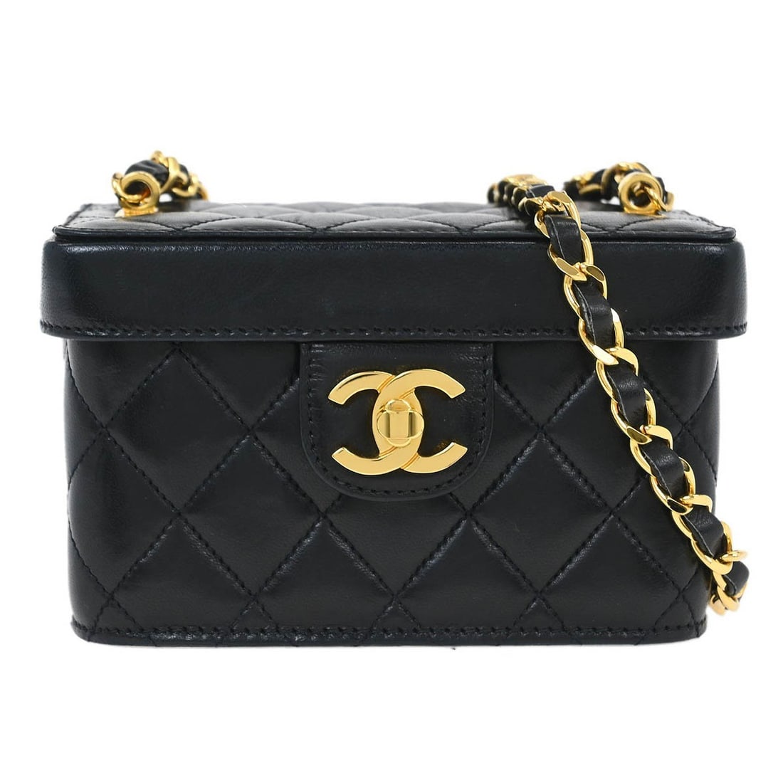 Chanel Black Lambskin Mini Shoulder Bag with Turnlock: Chanel Black Lambskin Mini Shoulder Bag with Turnlock This Chanel Black Lambskin Vanity Shoulder Bag is a chic addition to your casual wardrobe. The bag features a stylish turnlock closure and is made
