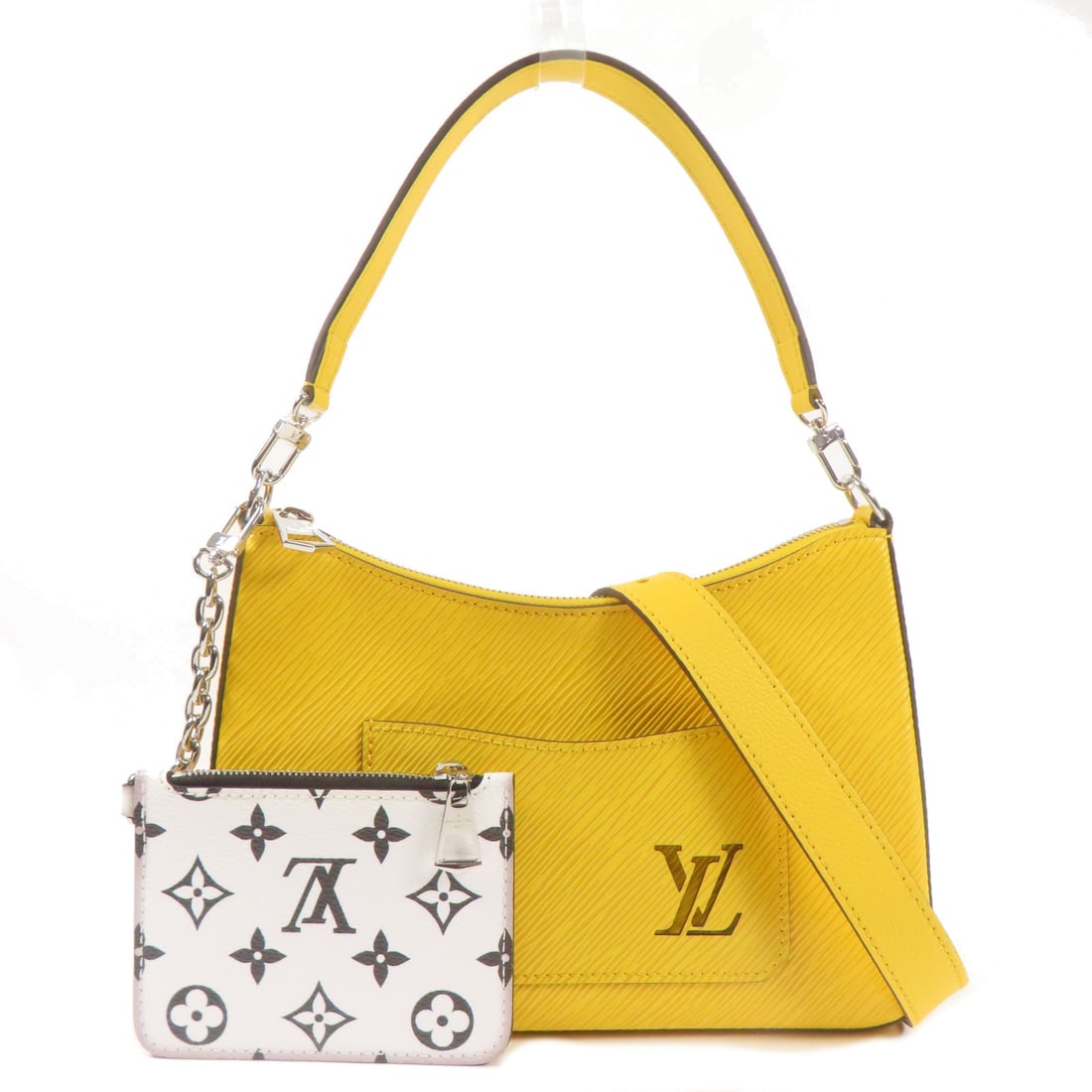 Louis Vuitton Marelle 2way Shoulder Bag Yellow Calfskin: Louis Vuitton Marelle 2way Shoulder Bag Yellow Calfskin This Louis Vuitton Marelle 2way Shoulder Bag is a stylish accessory crafted from high-quality calfskin (cowhide) in a vibrant yellow hue. The ve
