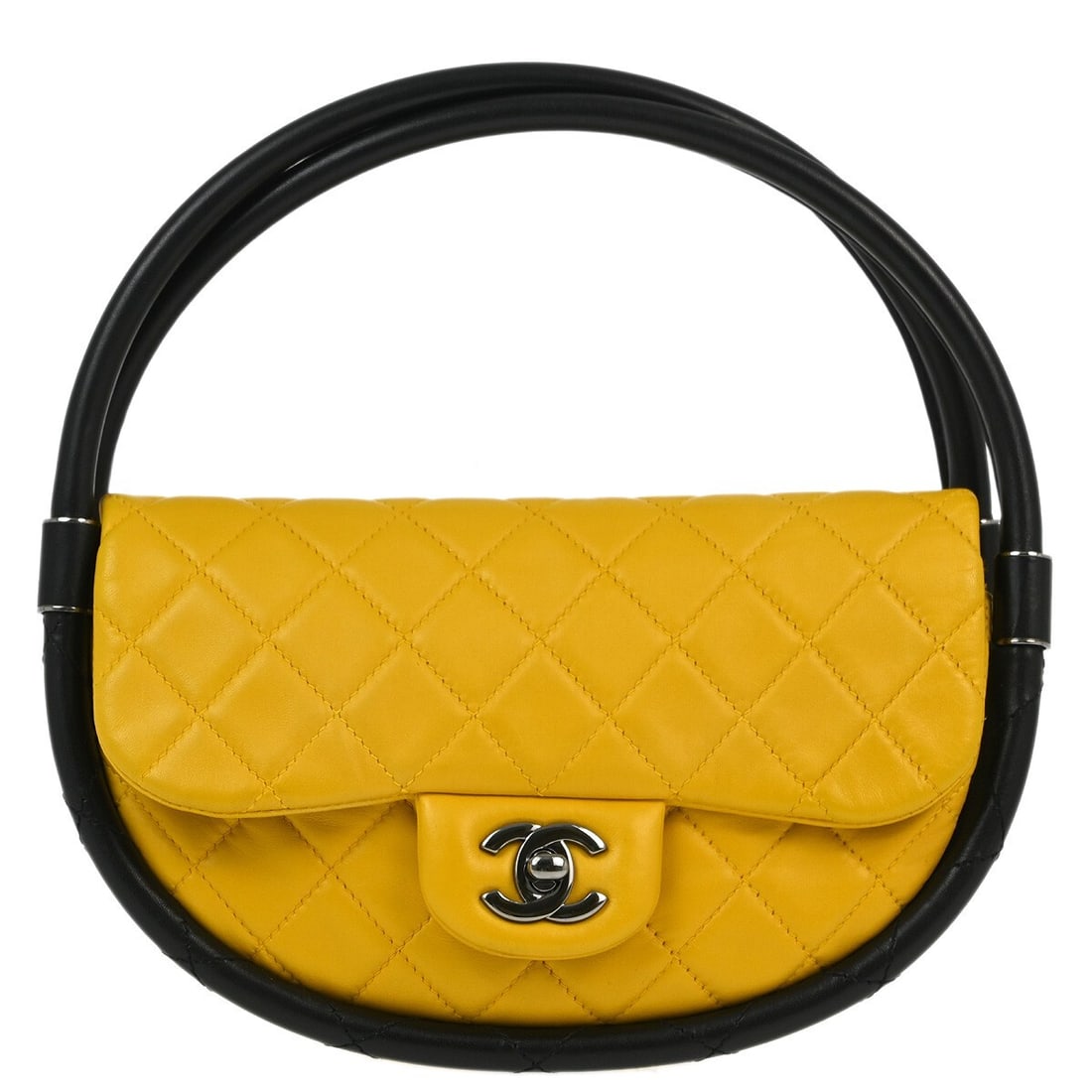 Chanel Yellow Lambskin Hula Hoop Top Handle Bag Matelasse: Chanel Yellow Lambskin Hula Hoop Top Handle Bag Matelasse Introducing the Chanel Yellow Lambskin Hula Hoop Handbag, a stylish and versatile accessory perfect for casual occasions. This medium-sized to