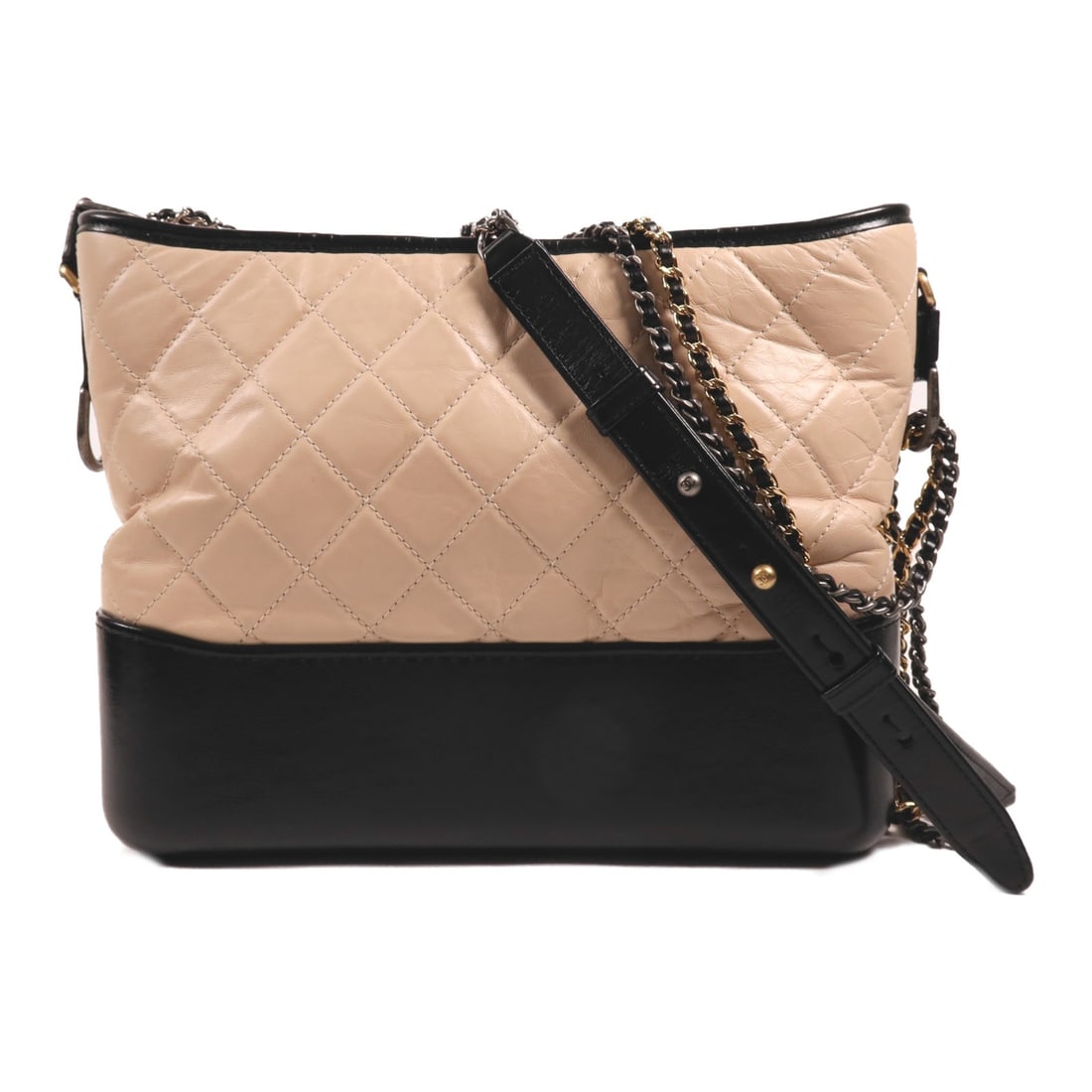 CHANEL Gabrielle Beige Black Calfskin Leather Shoulder Bag 93824: CHANEL Gabrielle Beige Black Calfskin Leather Shoulder Bag 93824 This CHANEL CC Gabrielle Chain Shoulder Bag is a stylish and elegant accessory crafted from high-quality calfskin leather. Its sophisti